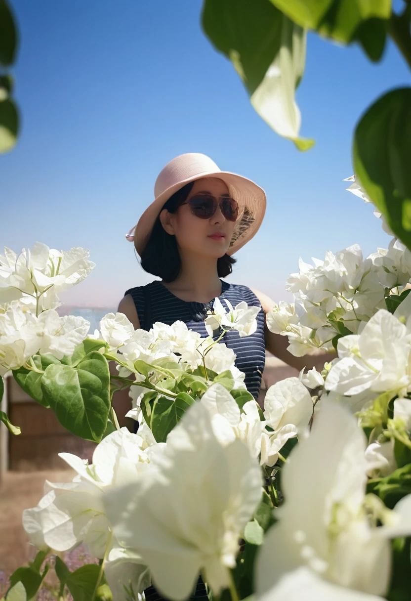 there is a young woman wearing a hat and sunglasses standing in a field of flowers, wearing a travel hat, in sunny weather, taken with canon eos 5 d mark iv, in a sunny day, wearing wide sunhat, with flowers, in the sun, photo taken with canon 5d, shot on leica sl2, woman in flowers, on a sunny day