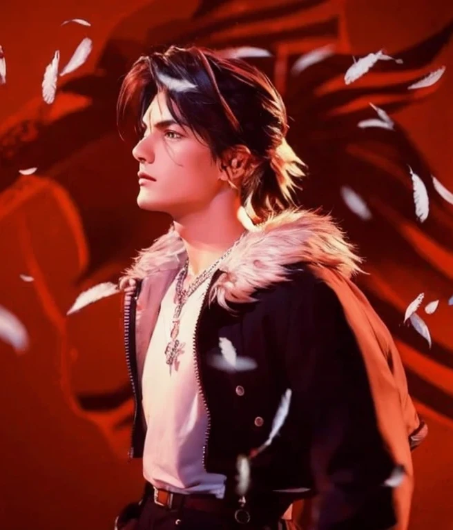 Red and black abstract wall, White feathers fluttering, 8K, highest quality, masterpiece, Ultra-high resolution, (realism:1.4), (Realistic skin texture:1.3), male1people, Standing sideways, profile, Looking up, Black Hair, short hair, Black eyebrows, black eye, Silver Necklace, Black jacket with white fur, White T-shirt, Black trousers, Leather Belt, Make it skin tone