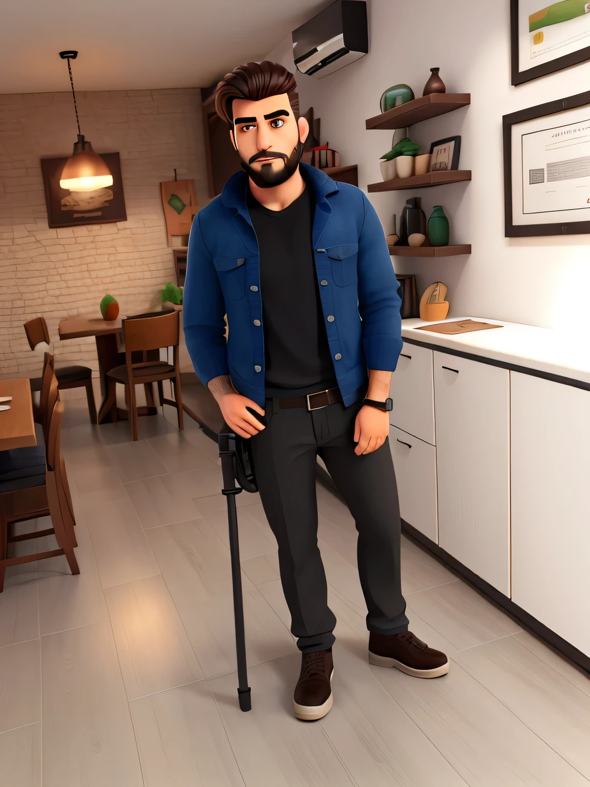 hombre con barba apoyado en un baston