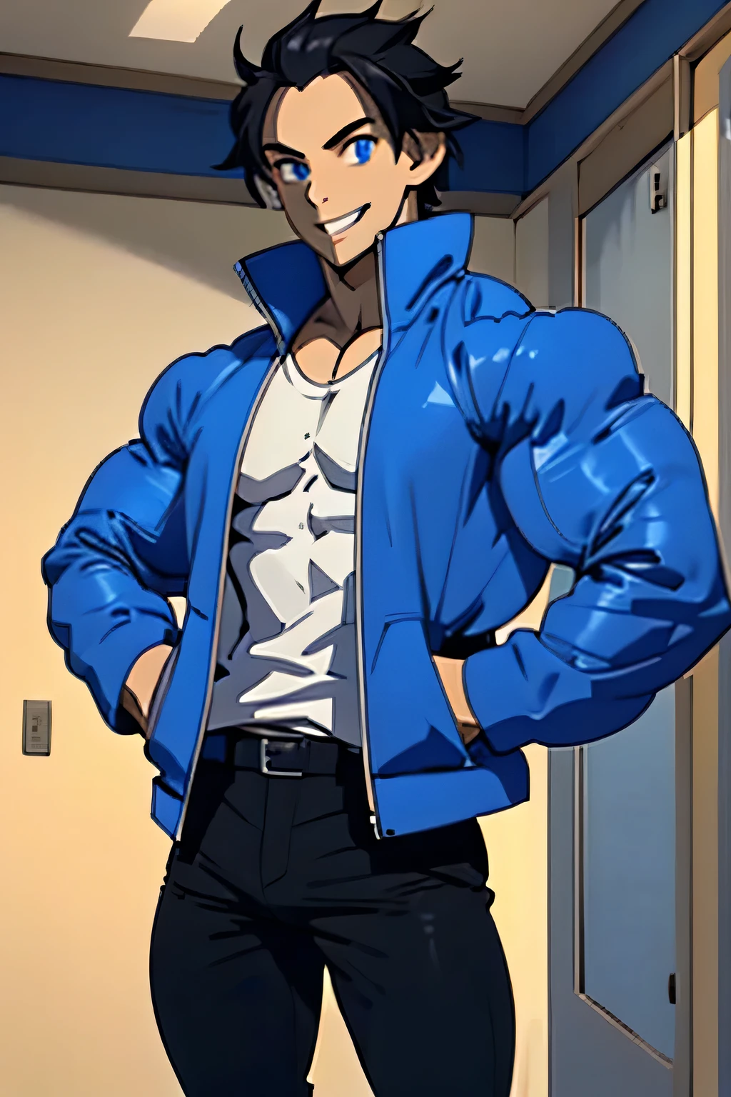 one male, young boy, blue eyes, black hair, no shirt, blue pants, smiling, lean build,
Open jacket,