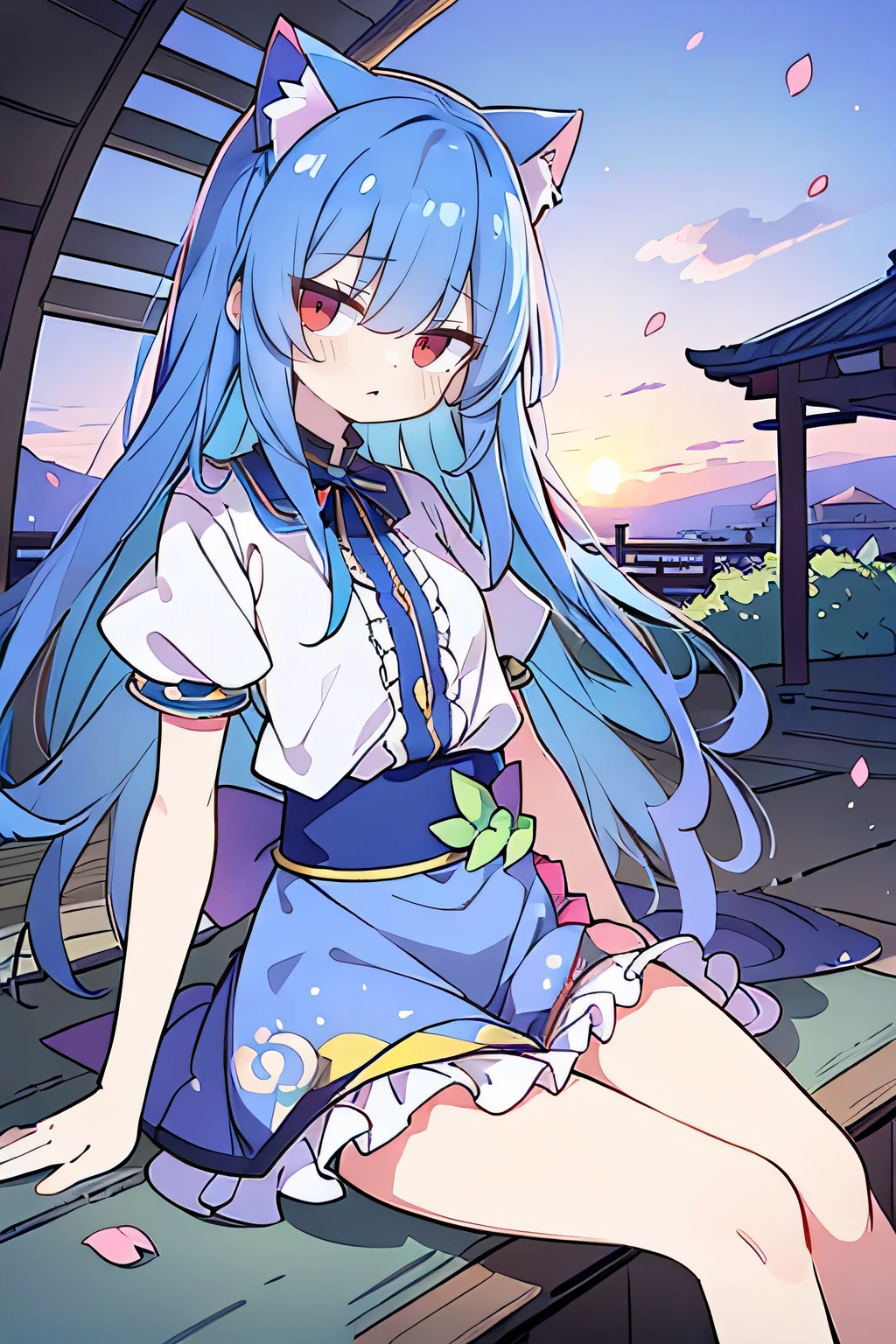 (masterpiece:1.2),Super detailed,Practical,expressive eyes,Fair skin,Perfect face shaping,1 Girl,
Japanese cartoons,Gorgeous blue hair, the long flowing blue hair,Floating clothes,Cat ears,Petals falling,beautiful lola,Young Angel,
Hands on waist,sit elegantly on the ground,Cross your legs,Gentle and peaceful background,Cool and cozy pavilion,Sunset,