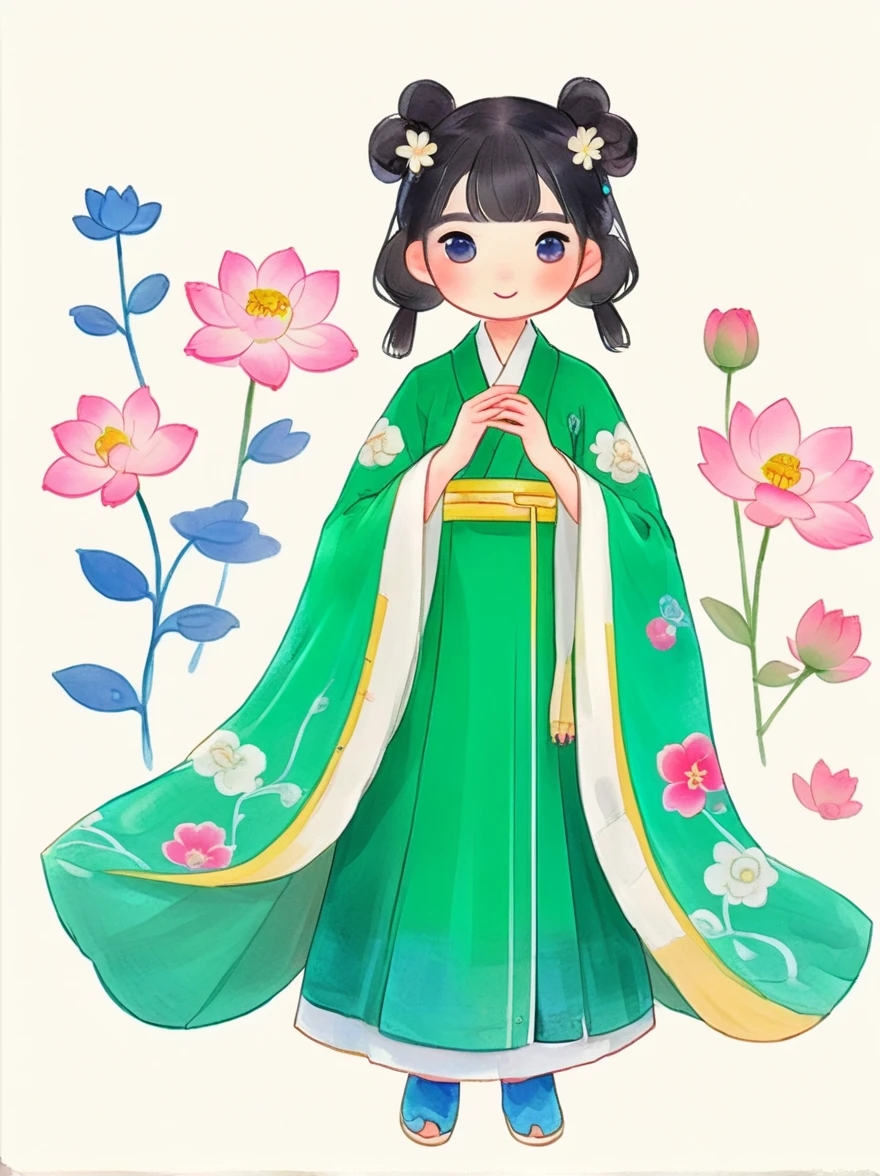 Anime Girl，Holding a green dress and a white flower in her hands，palace，A girl wearing Hanfu，Beautiful character painting，年轻的Anime Girl，美丽的Anime Girl，Guweiz-style artwork，Chinese Girl，Cute anime visual girl，Lotus flower crown girl，可爱的Anime Girl，Standing gracefully on the lotus，chibi anime illustration，Vector illustration