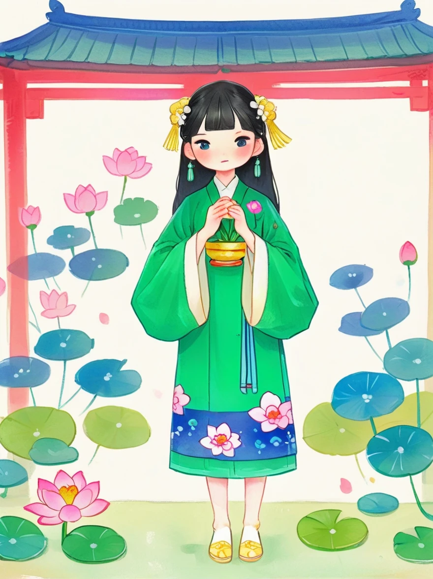 Anime Girl，Holding a green dress and a white flower in her hands，palace，A girl wearing Hanfu，Beautiful character painting，年轻的Anime Girl，美丽的Anime Girl，Guweiz-style artwork，Chinese Girl，Cute anime visual girl，Lotus flower crown girl，可爱的Anime Girl，Standing gracefully on the lotus，chibi anime illustration，Vector illustration