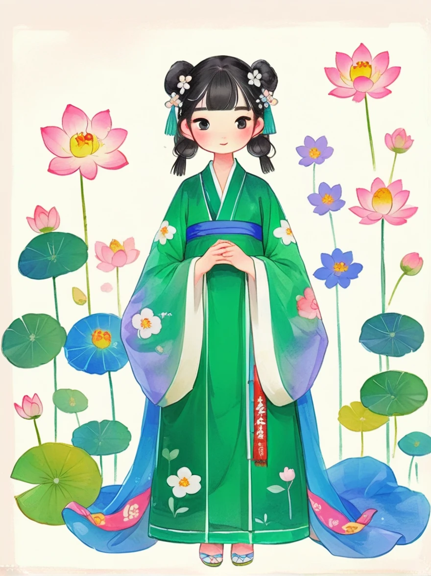 Anime Girl，Holding a green dress and a white flower in her hands，palace，A girl wearing Hanfu，Beautiful character painting，年轻的Anime Girl，美丽的Anime Girl，Guweiz-style artwork，Chinese Girl，Cute anime visual girl，Lotus flower crown girl，可爱的Anime Girl，Standing gracefully on the lotus，chibi anime illustration，Vector illustration