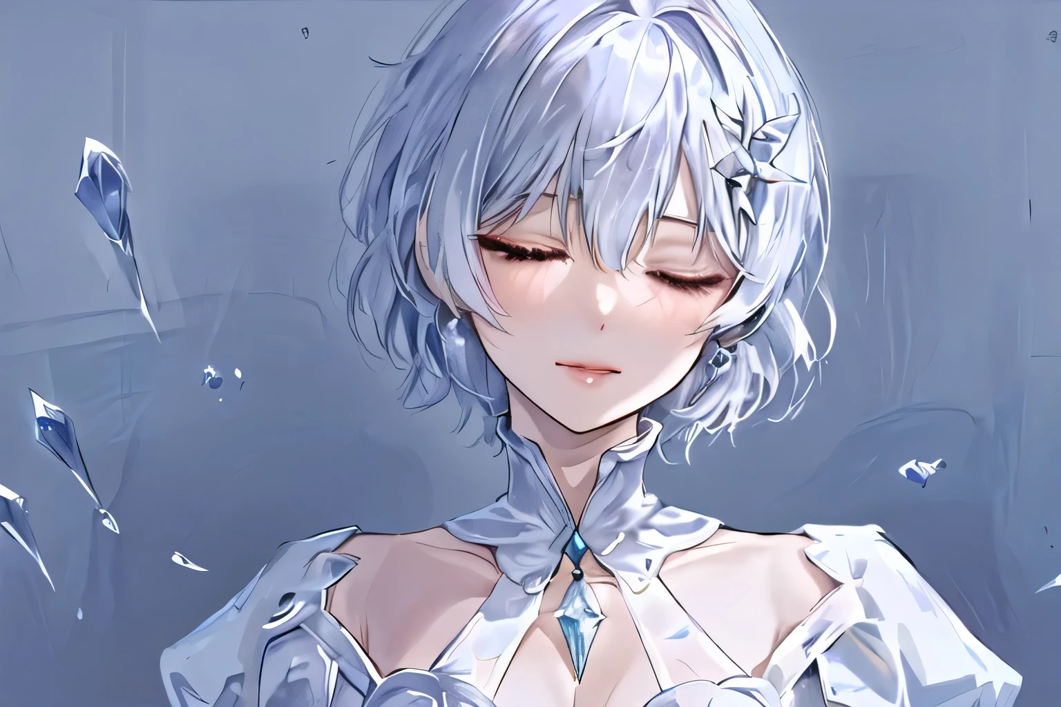 1lady, portrait, , solo,lips, female focus, Eyes closed, looking at viewer, white crystal hair, short hair, closed mouth, perfect smile. Princess, beautiful scene