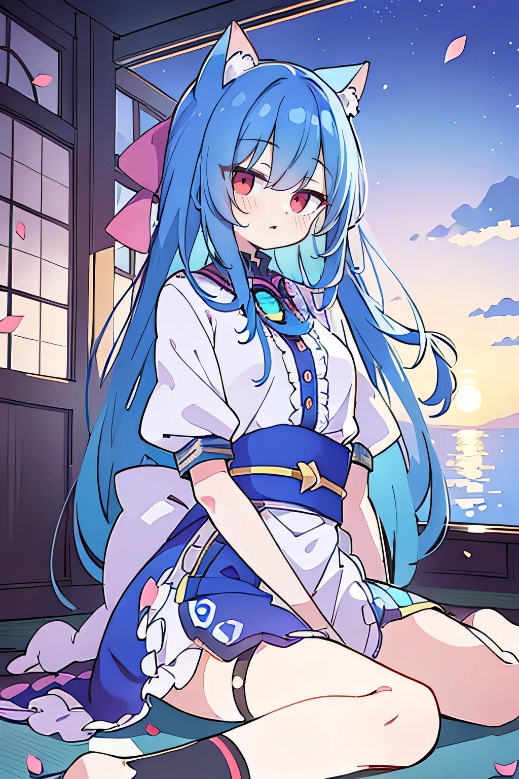 (masterpiece:1.2),Super detailed,Practical,expressive eyes,Fair skin,Perfect face shaping,1 Girl,
Japanese cartoons,Gorgeous blue hair, the long flowing blue hair,Floating clothes,Cat ears,Petals falling,beautiful lola,Young Angel,
Hands on waist,sit elegantly on the ground,Cross your legs,Gentle and peaceful background,Cool and cozy pavilion,Sunset,