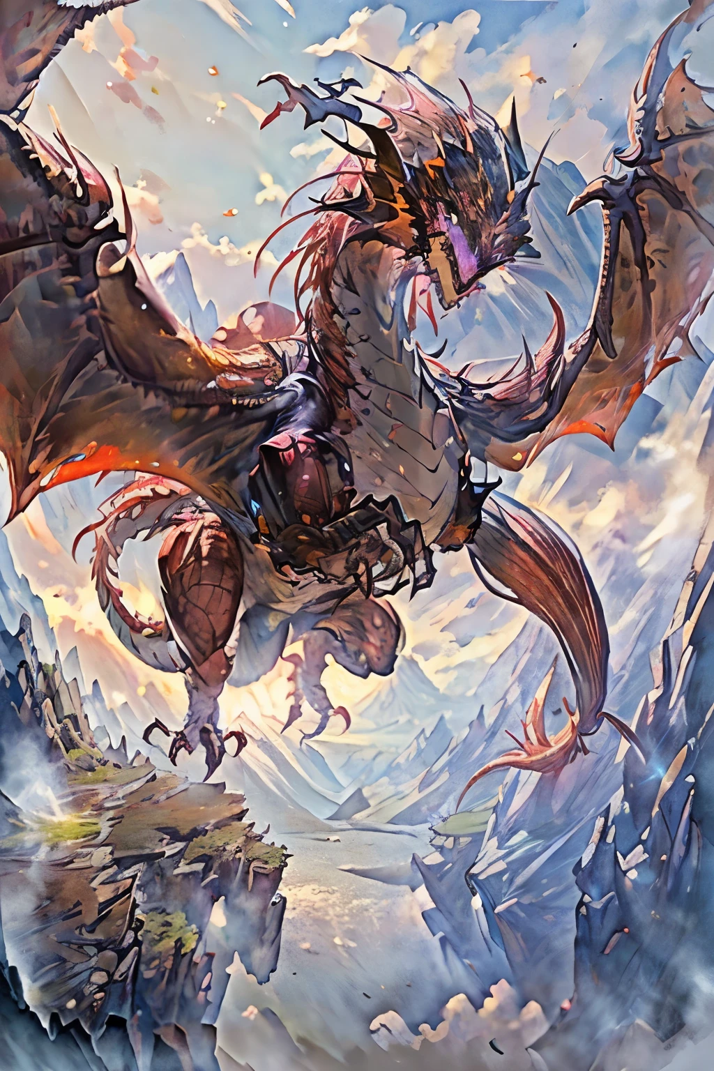 ((Best quality, 8k, Masterpiece :1.3)), masterpiece, best quality, ultra-detailed, glistening shiny, glowing light, ray tracing, HDR, deph of field, (perfect face, detailed face, detailed eyes), 8k,HD, ray tracing, perfect lighting, best quality, ultra-detailed, High resolution, dragon, forest, mountain, full body, wing, body, flying, red dragon