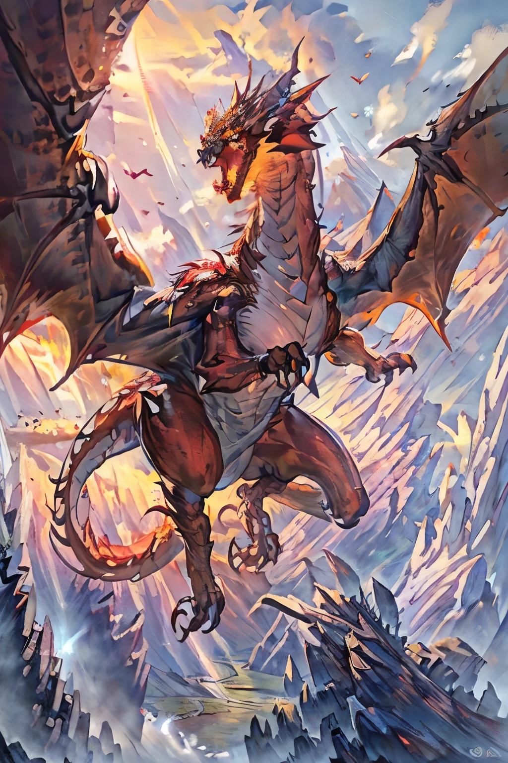 ((Best quality, 8k, Masterpiece :1.3)), masterpiece, best quality, ultra-detailed, glistening shiny, glowing light, ray tracing, HDR, deph of field, (perfect face, detailed face, detailed eyes), 8k,HD, ray tracing, perfect lighting, best quality, ultra-detailed, High resolution, dragon, forest, mountain, full body, wing, body, flying, red dragon