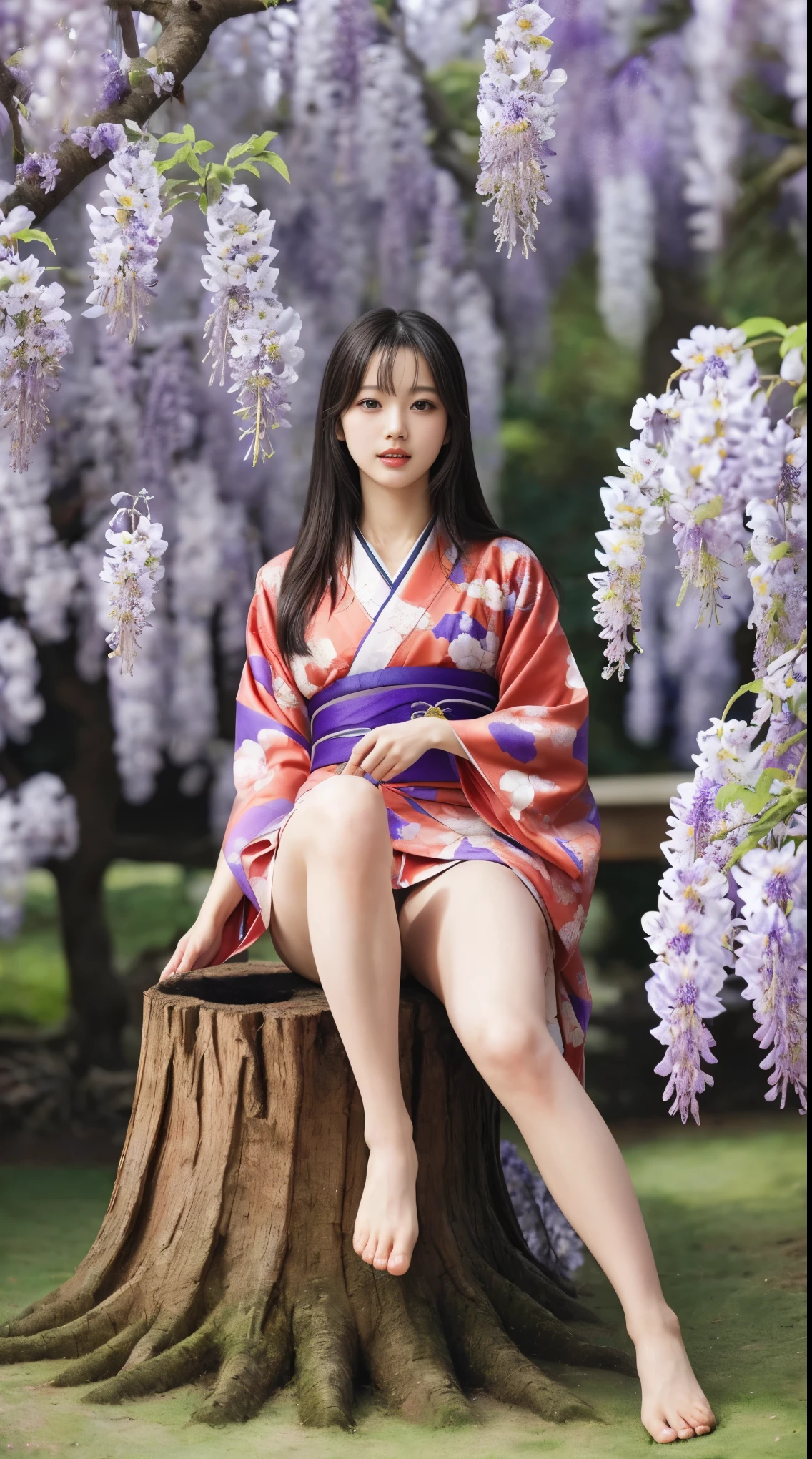 最high quality、high quality、Best image quality、8k、最High resolution、High resolution、最high quality、masterpiece、RAW Photos、whole body写真、Detailed and realistic human body、Detailed and realistic skin、Realistic face in every detail、Detailed and realistic eyes、Detailed and realistic lips、Detailed and realistic teeth、Detailed and realistic ears、Detailed and realistic hair、Detailed and realistic weapons、Realistic reproduction of every detail、Realistic fingers in every detail、(Beautiful Hands、thumb1reference4)、Realistic feet down to the last detail、((Beautiful Japanese Girl))、(Japanese Model)、((18 year old beautiful girl))、(Black Hair)、(Straight hair)、((whole body))、(Slim and perfect figure)、(whole body光沢肌、Fair skin)、Detailed and realistic human body、Detailed and realistic skin、Realistic face in every detail、Detailed and realistic weapons、Realistic fingers in every detail、Detailed realistic feet、Soft natural light、(Maiko-san、geisha、kimono、Long-sleeved kimono、yukata、Japanese tradition、Samurai Residence、Japanese garden、((Colorful floral pattern(丈が短いkimono))、((sitting on a stump under a wisteria tree(Poses that make your thighs look sexy))、Angle from below