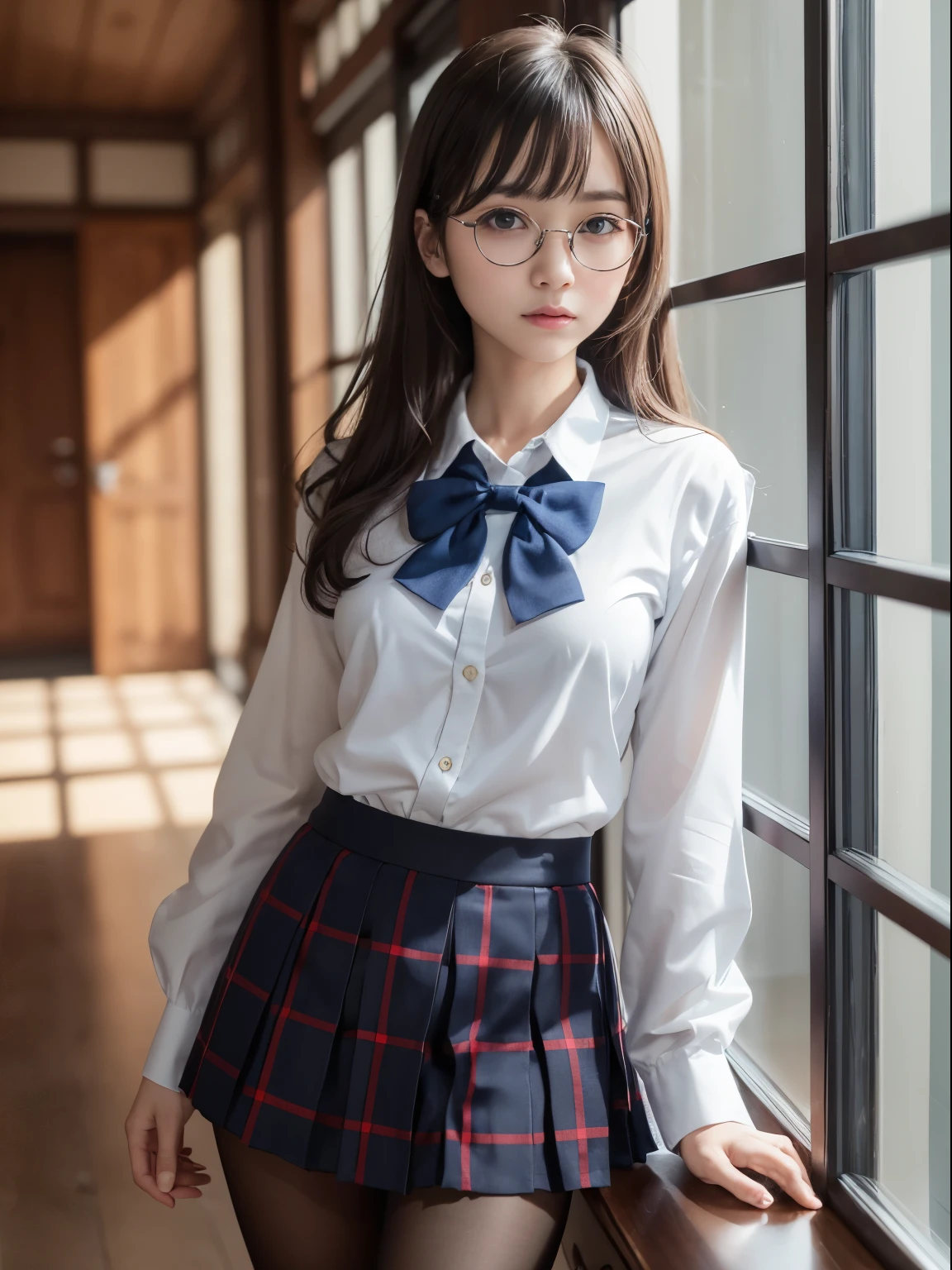 (Underwear is visible)、((Narrow-eyed))、((Narrow-eyed))、((Narrow-eyed))、(8K、Raw photography、top-quality、masterpiece:1.2),((small tits))、((small tits))、((small tits))、((small tits))、((small tits))、((A-cup))、((A-cup))、((A-cup))、((A-cup))、((A-cup))、Has a small、(flat breast)、(flat breast)、(flat breast)、(flat breast)、(flat breast)、(being thin)、light skinned、skin whitening、Dark look、Rasping,glamor,Chromo-white skin,cocky,School,watching at viewers,Looking at the front,Muchimuchi,High-pitched clothing,Erotic,Pupils,de pele branca,kne,((Black pantyhose)),absurderes,a small face,,Forehead visible,Bangs hanging from the left and right sides of the forehead,(a cold expression,Tight eyes,glares,Bullish,irate)、masterpiece,top-quality、超A high resolution,Raw photo,ren,Beautiful fece,One Person, solo,eye glass,,Dark look,Small breasts,fullllbody,Round glasses,JK ,hi-school girl,A Japanese Lady,is standing,(Photorealsitic:1.37)、Photon mapping,Realistic、Beautie,Cute little face,Brown-eyed、Black socks、(Red bow tie)、Radio City、Physically Based Rendering、depth of fields、Blurry background、a picture,Body,beauty legs, Long legs, Thin leg,(Bangs are visible), hair, s lips, Blue_The eye, nosesoft,(Light blue shirt), (Navy and blue and white plaid pleated skirt), Knees are visible,Sheer clothing,, Thigh, Black cotton socks,Nogizaka Idol, , Japanese ido