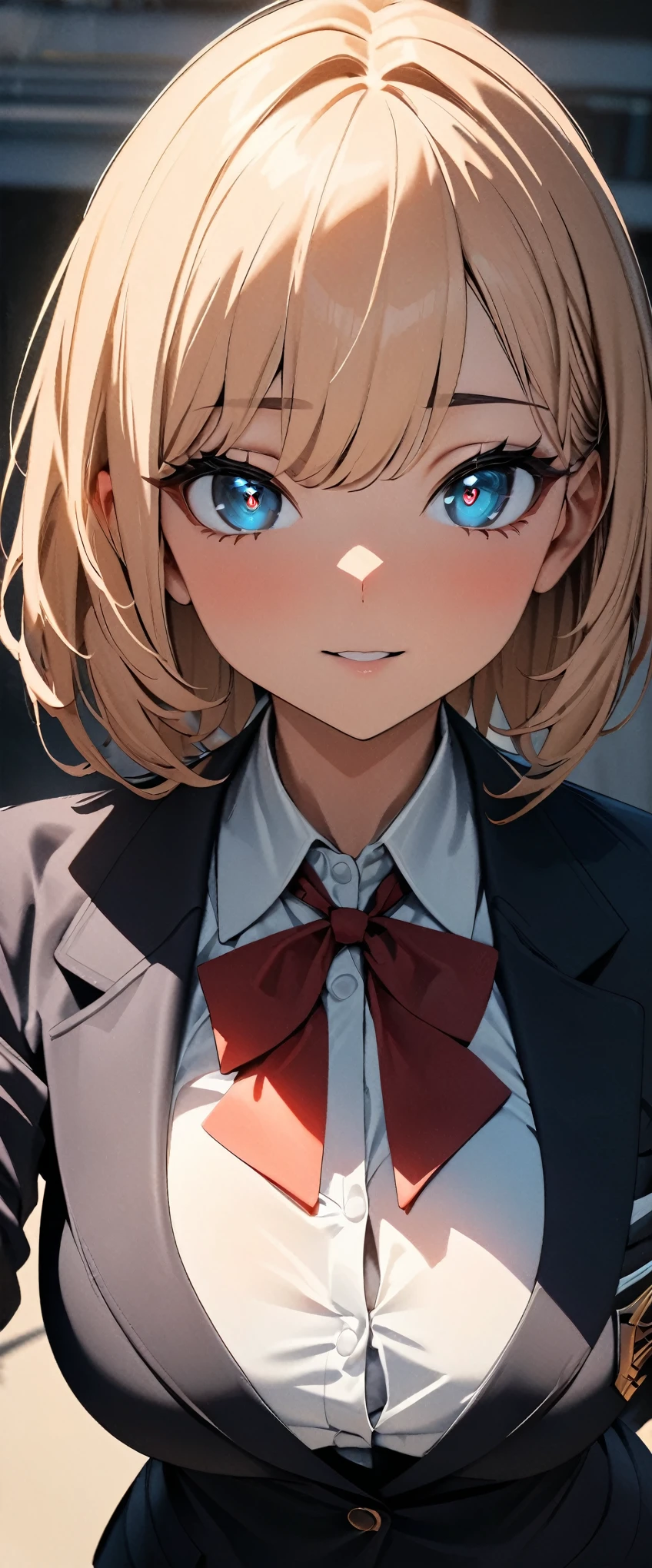 (high quality, 8k, 4K, High Contrast, masterpiece:1.2, 最high quality, Best aesthetics), 1 Female, (Real skin texture:1.3), (Film Grain:1.3), (Selfie angle, High angle), Wearing a blazer over her large breasts, (Chest highlights), One girl, Beautiful and detailed eyes and face, 最high quality, close, Upper Body,