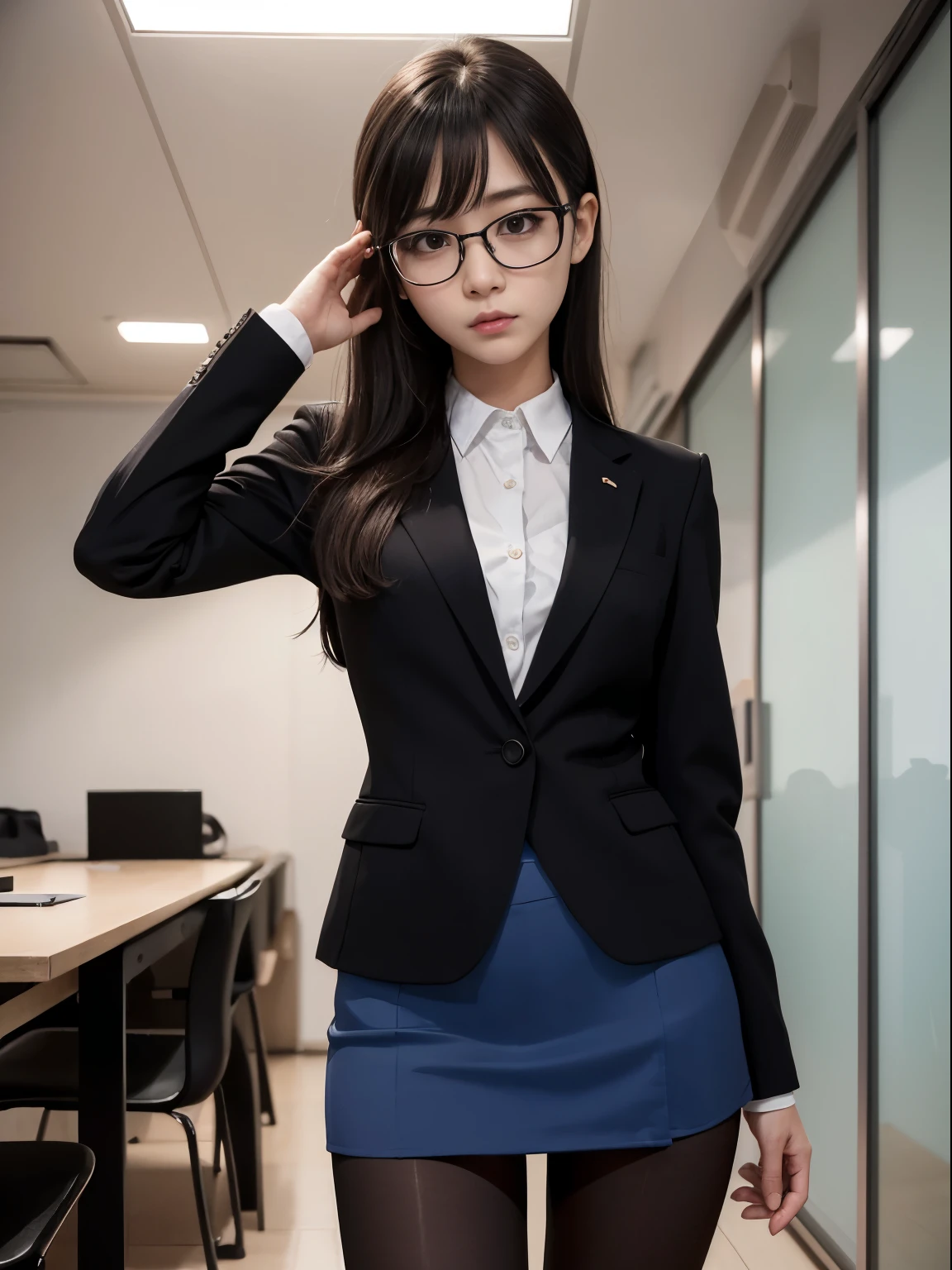 one person、solo、Flat Eyes、Confused eyes、Small breasts、20 year old office uniform OL、Flat Eyes、Confused eyes、body、whole body、True Face、Watching the audience,Looking at the front,Glare、sexy、victory、((Black Pantyhose))、Tsundere、Saucy、Single knot、OL、suit、Blue mini skirt、anger、Small、Glasses、Slim girl photo、body型:史上最Smallの美少女、Japanese women、(8K、RAW Photos、Highest quality、masterpiece:1.2)、(Real、Photorealistic:1.37)、Ultra high definition、Ultra high definition、Standing position、whole body、((((sexy)))