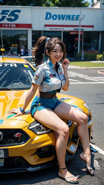 Very detailedな CG Unity 8k 壁紙, highest quality, Very detailed, masterpiece, Realistic, photo Realistic, Very detailedなかわいい女の子, Age 25, ((全身からDown to the toes:1.3))、((全身からDown to the toes))、(Down to the toes)、((Side Shot))、((Sit on the hood of a car))、(Sit in front of the car)、(Natural pose）,(Model pose)、(Big Breasts)、(Big Ass)、(smile at the camera)、( smile ),(Full Body Shot:1.3) ,(Side view:1.3)、(Side Shot:1.3)、(ponytail)、(photoRealistic:1.3)、((Wear a sponsored grid girl costume,Logo is printed)), ((Dolphin Shorts)) , (Participate in a motorsport race),   

