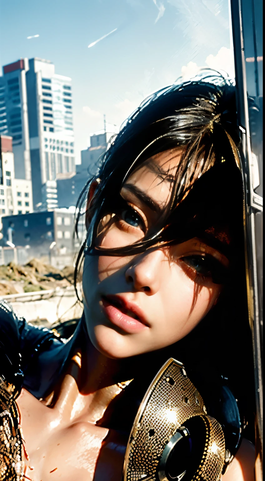 RAW, Masterpiece, Ultra Fine Photo,, Best Quality, Ultra High Resolution, Photorealistic, Sunlight, Full Body Portrait, Stunningly Beautiful,, Dynamic Poses, Delicate Face, Vibrant Eyes, (Side View) , she is wearing a futuristic Iron Man mech, red and gold color scheme, highly detailed abandoned warehouse background, detailed face, detailed and complex busy background, messy, gorgeous, milky white, high detailed skin, realistic skin details, visible pores , sharp focus, volumetric fog, 8k uhd, dslr camera, high quality, film grain, fair skin, photorealism, lomography, sprawling metropolis in futuristic dystopia, view from below, translucent