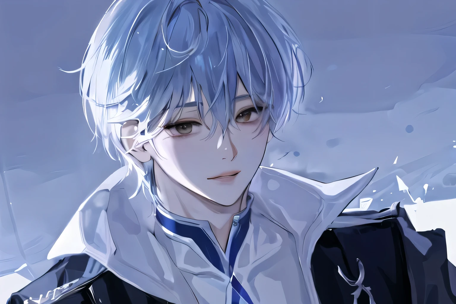1girl, portrait, , solo,lips, male focus, closes eyes, looking at viewer, blueehite crystal hair, short hair, closed mouth, perfect smile