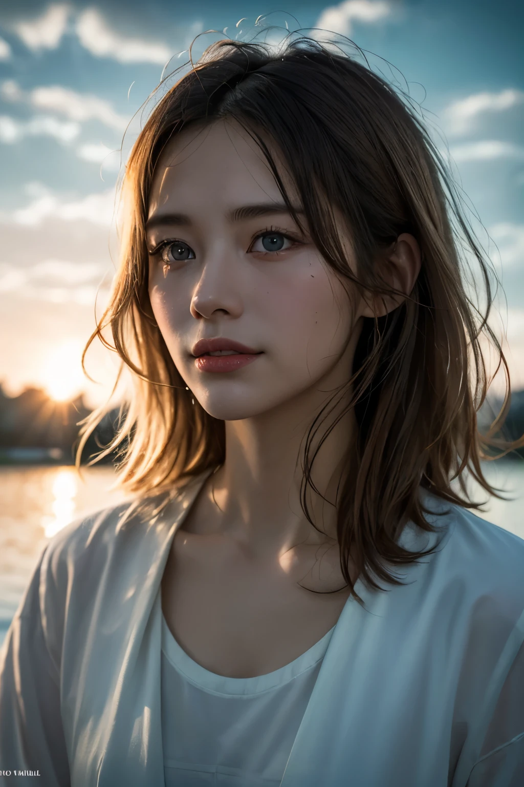 Chiaroscuro, Cinematic lighting, A high resolution, Best quality, 4K, High quality, High details, Super detail, Masterpiece,Around the lake,tall nose bridge,Dew,Kizi,Messy beauty,Tanaka,with blue sky and white clouds,Dingdall effect,sun light,ssmile,adolable