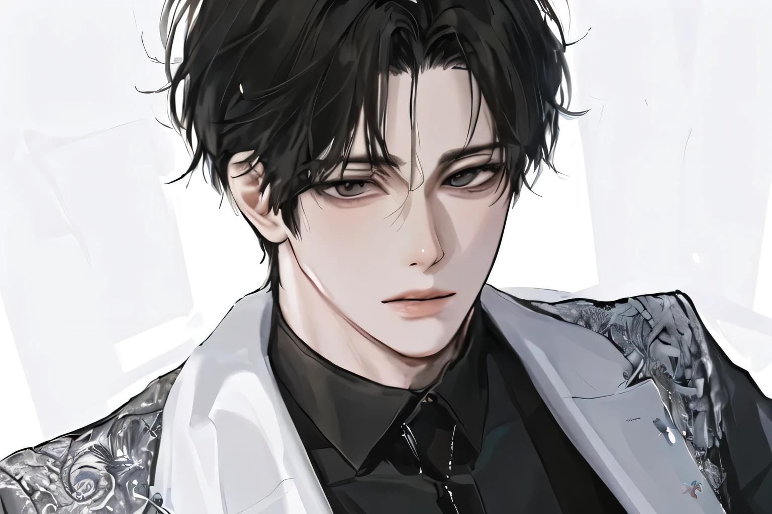 1 man, portrait, Beautiful handsome, alone, lips, male focus, random color, looking at the viewer, short hair, black gentle expression, suit,black hair