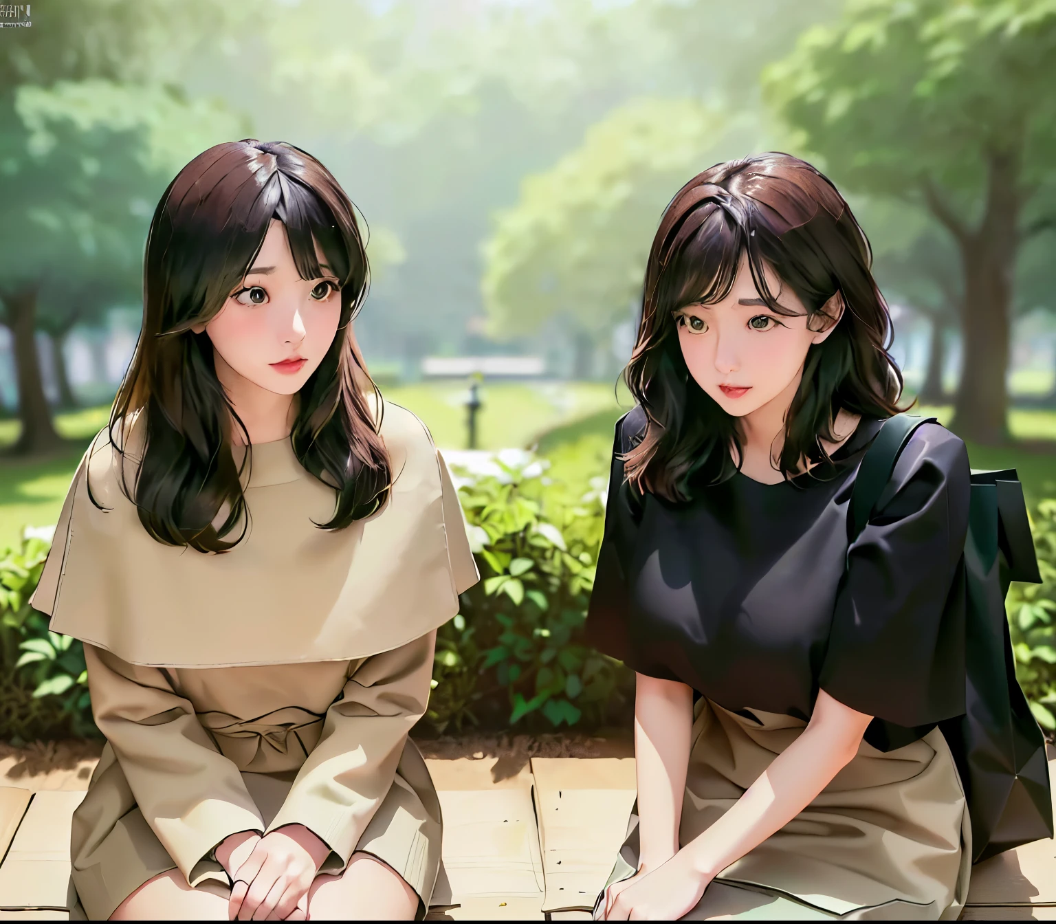 2lady, Sit on it (Bench end), (Office staff outfit) fashionable, Mature female, /(Brown hair/) Bangs, (Looking at the phone), (Masterpiece Best Quality:1.2) Exquisite illustrations with rich details, large breasts rest /(Black Hair/) Bangs, (Staring into the distance) rest ((Simple paper bag:1.2) Sitting in the middle of the bench) rest (Ordinary city park) outdoor, (green landscape), noon, Detailed background