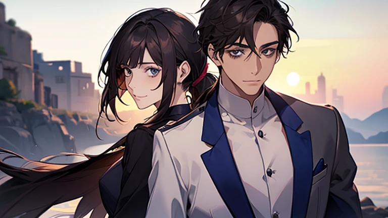masterpiece, highest quality, 2 He, Couple, One man and one woman,mature, Adult, Height difference, Different Fashion, Different colors, Fine eyes and a fine face, ,Men have dark blue hair, A man with a navy blue low ponytail,suit,Intricate details,,Dawn Sky,Standing back to back,Smiling man with navy blue low ponytail,Woman with long dark brown hair,Woman with down hair,Dark blue eyed man, Woman with light blue eyes,Stand back to back,
