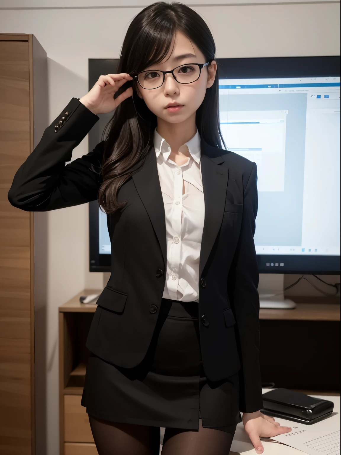 one person、solo、Flat Eyes、Confused eyes、Small breasts、20 year old office uniform OL、Flat Eyes、Confused eyes、body、whole body、True Face、Watching the audience,Looking at the front,Glare、sexy、victory、((Black Pantyhose))、Tsundere、Saucy、Single knot、OL、suit、mini skirt、anger、Small、Glasses、Slim girl photo、body型:史上最Smallの美少女、Japanese women、(8K、RAW Photos、Highest quality、masterpiece:1.2)、(Real、Photorealistic:1.37)、Ultra high definition、Ultra high definition、Standing position、whole body、((((sexy)))