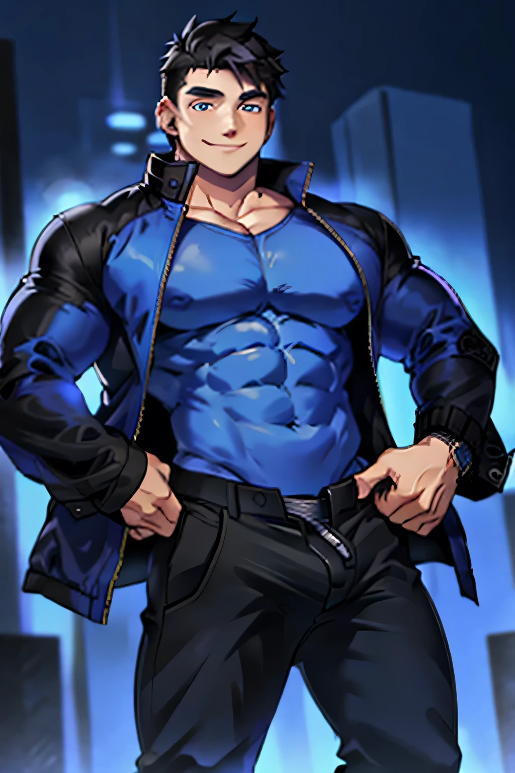 one male, young boy, blue eyes, black hair, no shirt, blue pants, smiling, lean build,
Open jacket,