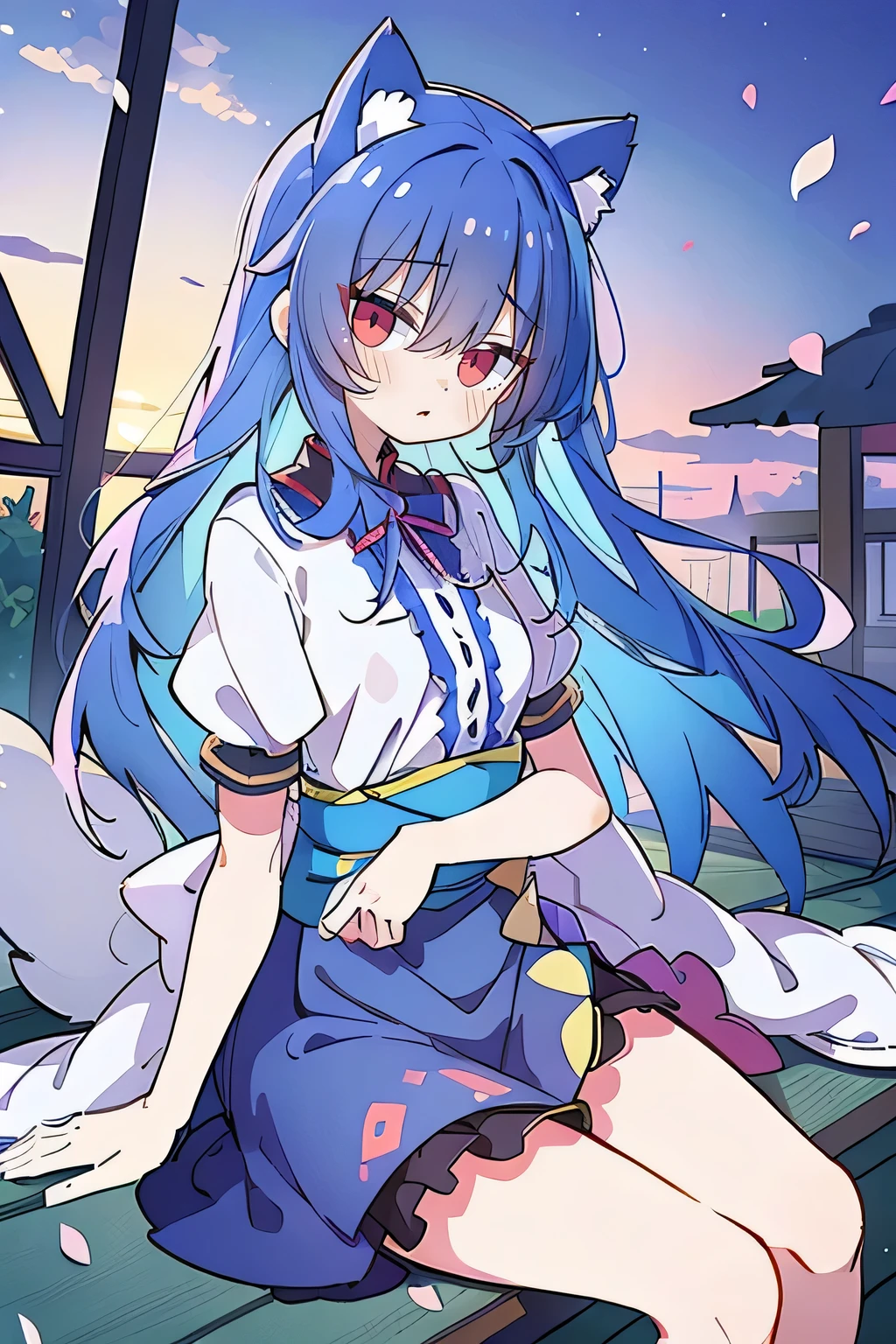 (masterpiece:1.2),Super detailed,Practical,expressive eyes,Fair skin,Perfect face shaping,1 Girl,
Japanese cartoons,Gorgeous blue hair, the long flowing blue hair,Floating clothes,Cat ears,Petals falling,beautiful lola,Young Angel,
Hands on waist,sit elegantly on the ground,Cross your legs,Gentle and peaceful background,Cool and cozy pavilion,Sunset,