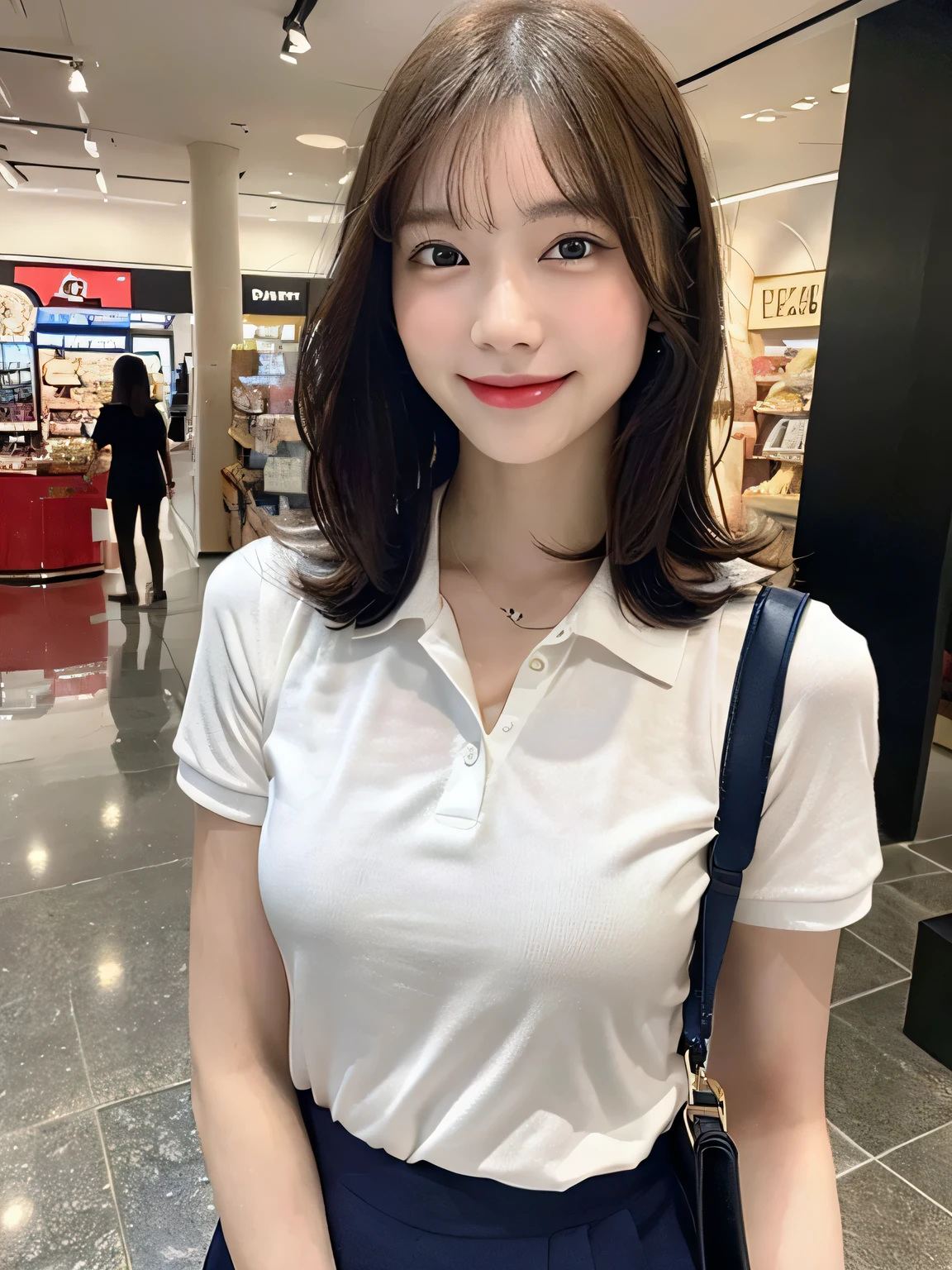 one person、Smiling while shopping、carrying a red handbag、fun、17 years old、whole body、slender、woman、White drool coming out of the mouth、Short hair, fair skin, messy hair, super cute、Soft and Face、Brown Hair、8k resolution、Surreal、Ultra high definition、 Soft Body Tight Ass Night、A-cup small breasts((Highest resolution、8k、masterpiece:1.3))、Ultra-fine face、Ultra Fine Lips、Beautiful Eyes、double eyelid,White polo shirt、Navy blue lender body type、I can see your thighs、Shapely small breasts、