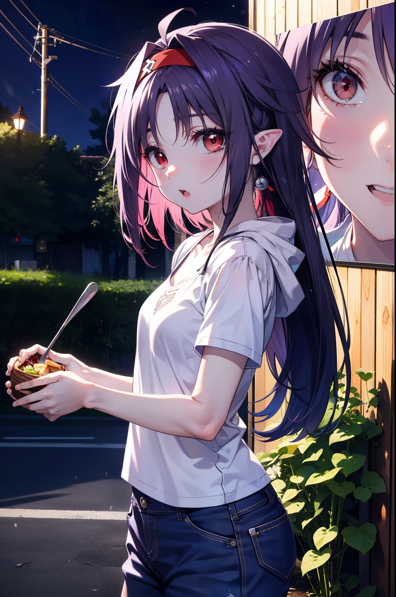 yuukikonno, Konno Yuuki, hair band, Long Hair, Pointed Ears, Purple Hair, (Red eyes:1.5), (Small breasts:1.2), Open your mouth,Purple hoodie,Short sleeve,Baseball hats,Food up,Red tank top shirt,Short denim,Red knee-high socks,High-top sneakers,night,moonlight,
break looking at viewer, Upper Body, whole body,(Cowboy Shot:1. 5),
break outdoors, forest, nature,
break (masterpiece:1.2), highest quality, High resolution, unity 8k wallpaper, (figure:0.8), (Beautiful fine details:1.6), Highly detailed face, Perfect lighting, Highly detailed CG, (Perfect hands, Perfect Anatomy),
