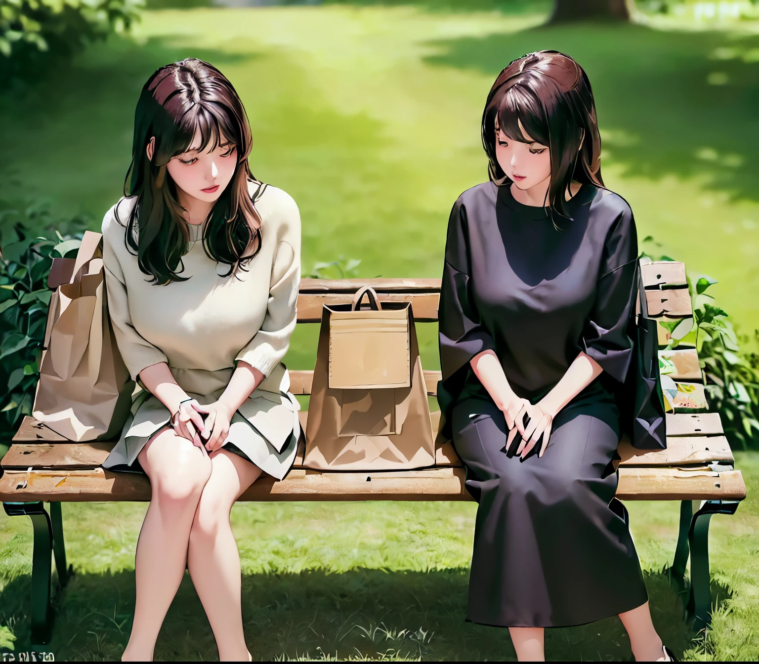 2lady, Sit on it (Bench end), (Office staff outfit) fashionable, Mature female, /(Brown hair/) Bangs, (Looking at the phone), (Masterpiece Best Quality:1.2) Exquisite illustrations with rich details, large breasts rest /(Black Hair/) Bangs, (Staring into the distance) rest ((Simple paper bag:1.2) Sitting in the middle of the bench) rest (Ordinary city park) outdoor, (green landscape), noon, Detailed background