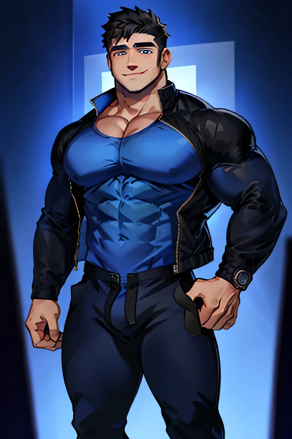 one male, young boy, blue eyes, black hair, no shirt, blue pants, smiling, muscular build,
Open jacket, extremely handsome
