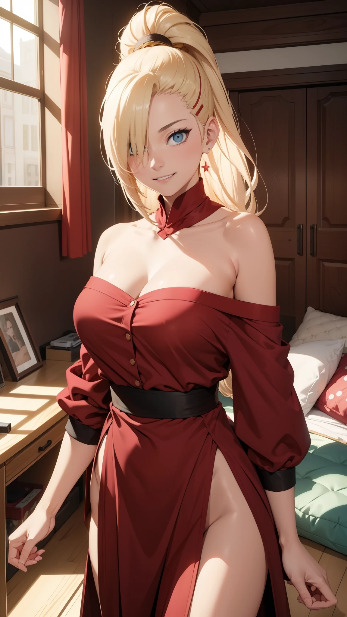 "Extremely detailed CG Unity 8K wallpapers,Ino yamanaka,masterpiece,indoor,bedroom,bed,charming,best picture quality,surrounded by toys,Volumetric light,Blonde,Face turned red,Smile,Off the shoulder dress,Bangs cover one eye,fat,looking at camera