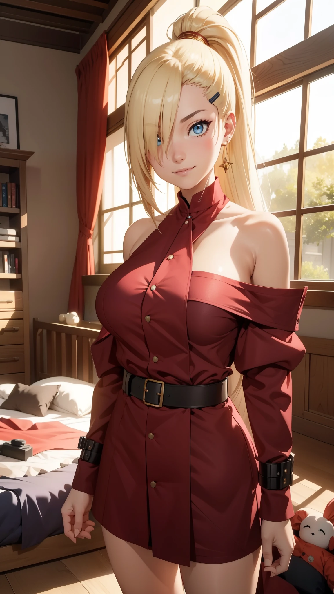 "Extremely detailed CG Unity 8K wallpapers，Ino yamanaka，masterpiece，indoor，bedroom，bed，charming，best picture quality，surrounded by toys，Volumetric light，Blonde，Face turned red，Smile，Off the shoulder dress，Bangs cover one eye，fat，looking at camera