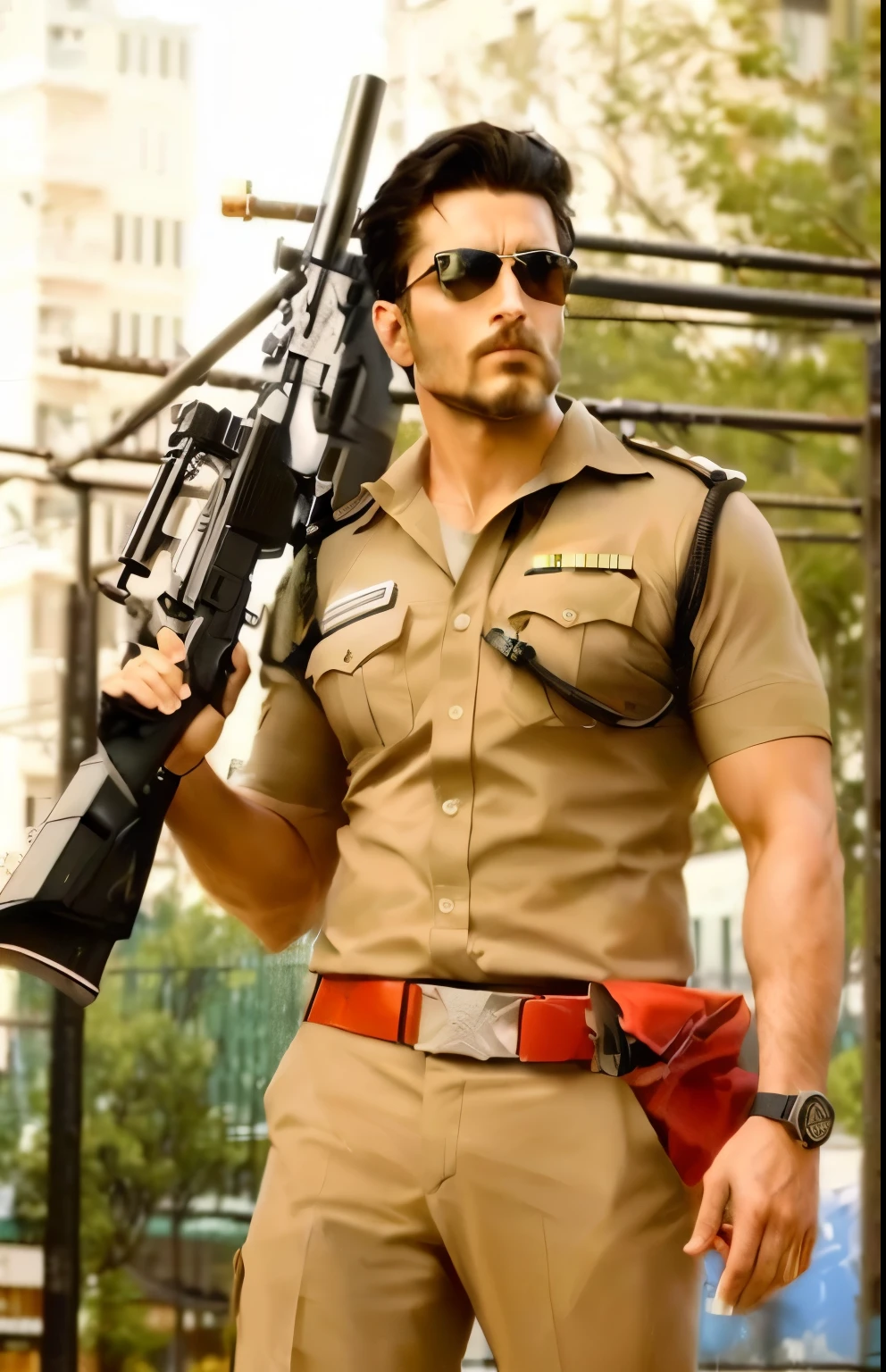 a man in uniform holding a gun and a gun in his hand, movie action still frame, shot from movie, police man!!, action movie still, still shot from movie, officer, hd movie photo, 🕹️ 😎 🔫 🤖 🚬, promotional movie still, cop, stylish pose, movie promotional image, mm, hello, still from movie, biopic with strong beard