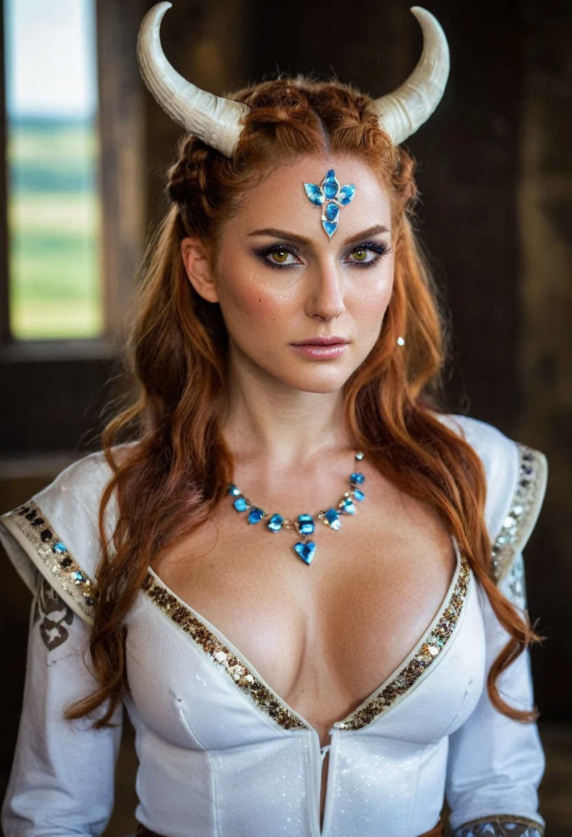 Portrait photo of a viking princess wearing long white horns, (gorgeous vibrant ginger hair), (massive_breasts creating massive_cleavage:1.2), ((professional (glitt3r) glittery makeup)), Nikon Z9, realistic skin, ((skin texture)), (sharp focus), (high quality), looking straight forward, (symmetric:0.7), 