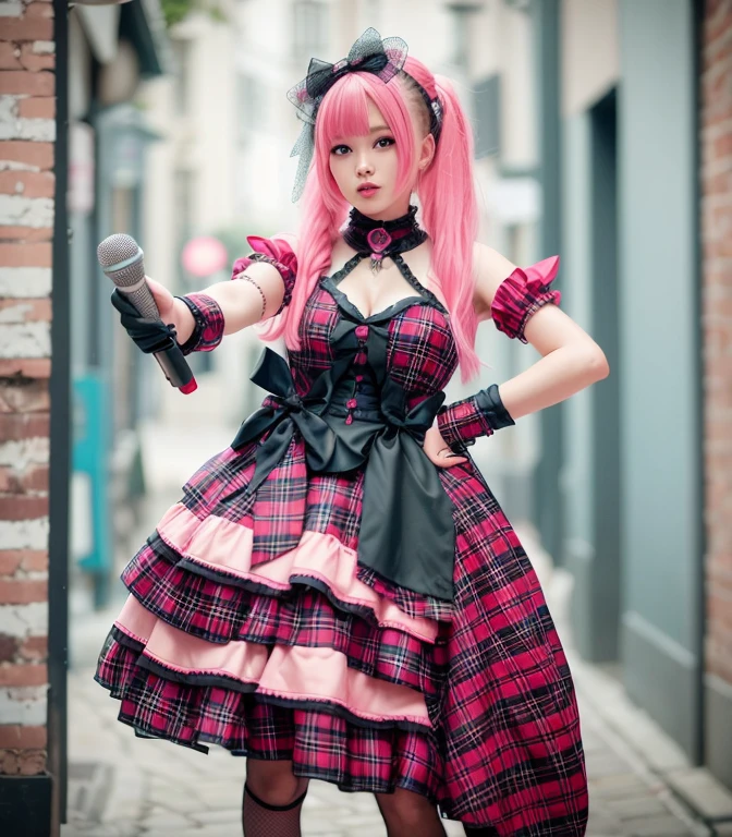 Arafe girl in a pink and black dress with a microphone, Cute as an angel, Lolita Style, Lolita Fashion, Belle Delphine, Magical Girl Style, Dollpunk, ❤🔥🍄🌪, BaroqueVisual KeiDecorative Art, Witch's Clothes, Decora style, Fairy Core, sakimichan, Cute Decora Rainbow Core, Pastel Goth Aesthetic