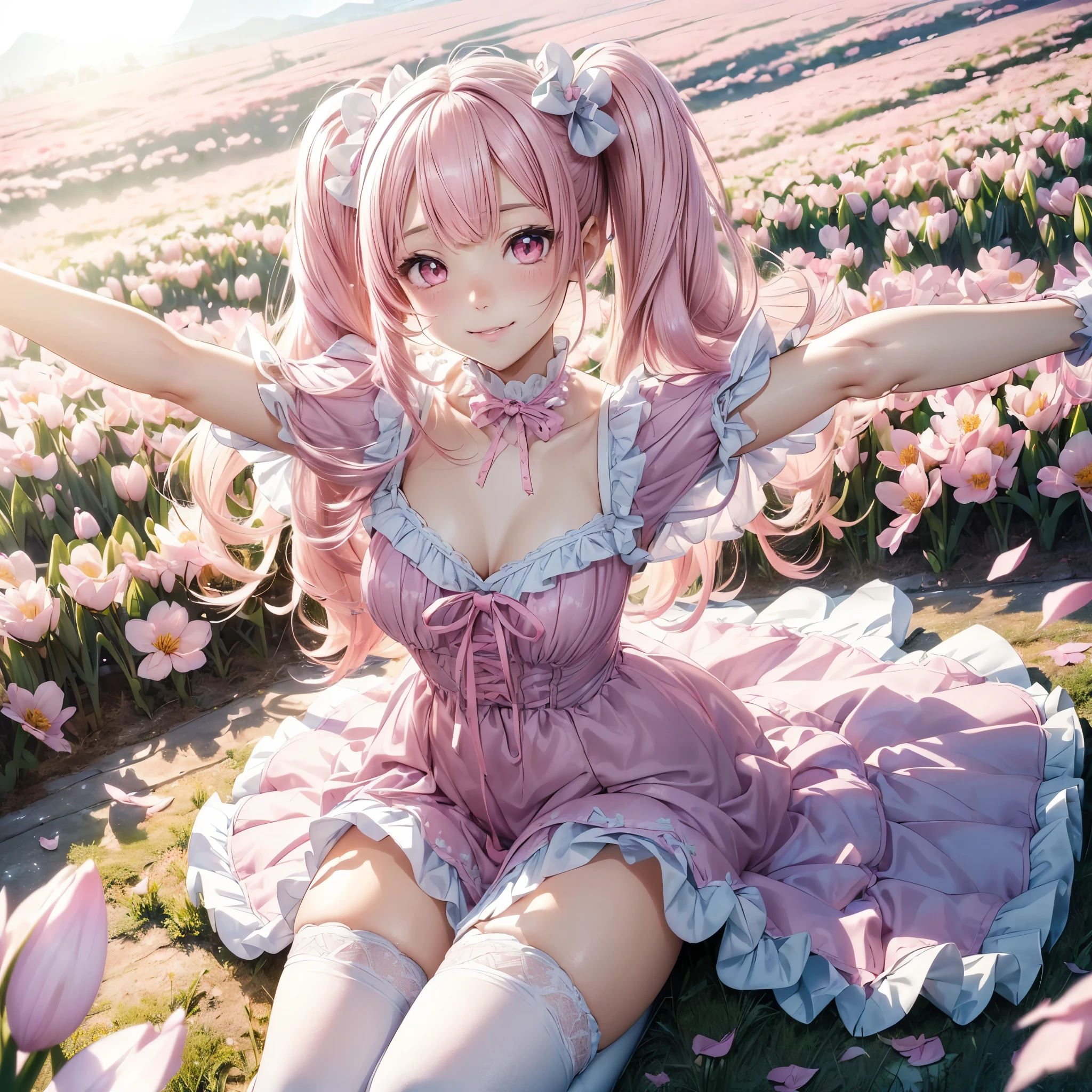 (8K, masutepiece, Highest Quality, Best Quality, Official art, Breathtaking beauty and aesthetics, A highly detailed, The best masterpiece in history that exceeds limits, Breathtaking and beautiful lighting:1.2), (1 Absolute Beautiful Girl, Solo:1.3), sixteen years old, (shiny white skin), BREAK (pink twin tail hair, Bangs:1.3), (adolable big pink eyes, drooing eyes:1.5), BREAK (Breathtaking Beautiful Sweet ****ta Idol Ensemble, sweet ****ta-style dress in pastel blue, adorned with lace and ribbon details, Puffy, knee-length skirt for a playful and girly look, Decorative bows and lace trims for added frilliness:1.3), (bust:1.3), (happy smile, Beautiful smile, Gentle smile, cute smile, innocent smile like an angel:1.2), (Attractive, amazing, Beautiful, Elegant, Luxurious, magnifica, Eye-catching, the ultimate beauty, Supreme Beauty, Superlative beauty, Elegant, Beauty, Graceful, Everyone loves it, Beauty that fascinates everyone, Healed, The highest level of complete beauty, cute like an idol, Stylish like a fashion model, Goddess-like grace, Be loved, cute little, adolable, Look at the camera, cute little pose, Happy), breathtaking scenery, (full body, standing, thighs, zettai_ryouiki, thigh_gap:1.3), BREAK (sitting on the ground with arms outstretched, Breathtakingly beautiful spring flower field, colorful petals dancing for wind, blue sky:1.5),