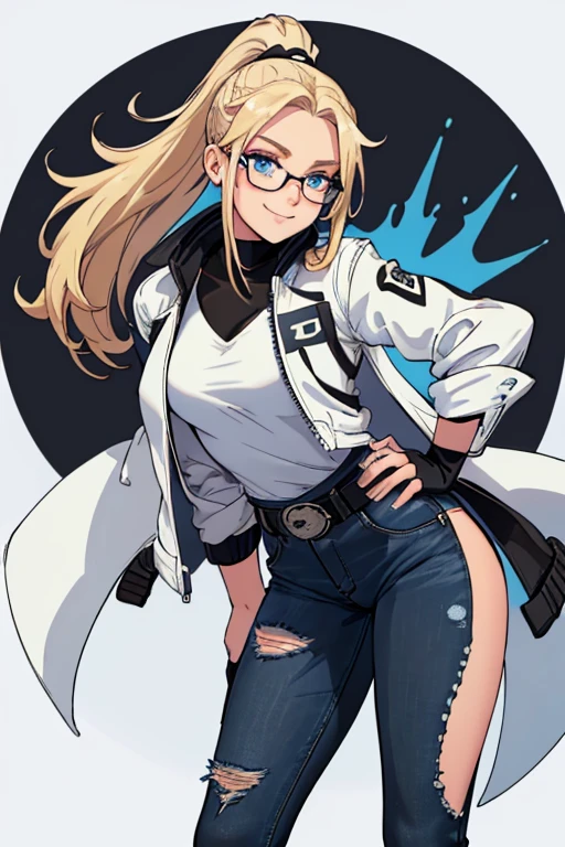 female, blonde long hair in a ponytail, blue eyes, (((1girl))), (((white and black jacket with rolled up sleeves))), (black shirt), (blue denim jeans), (black belt), (black low heels), (black fingerless gloves), (glasses), cute and sexy, full body, modest breasts, modest butt, long legs, smiling