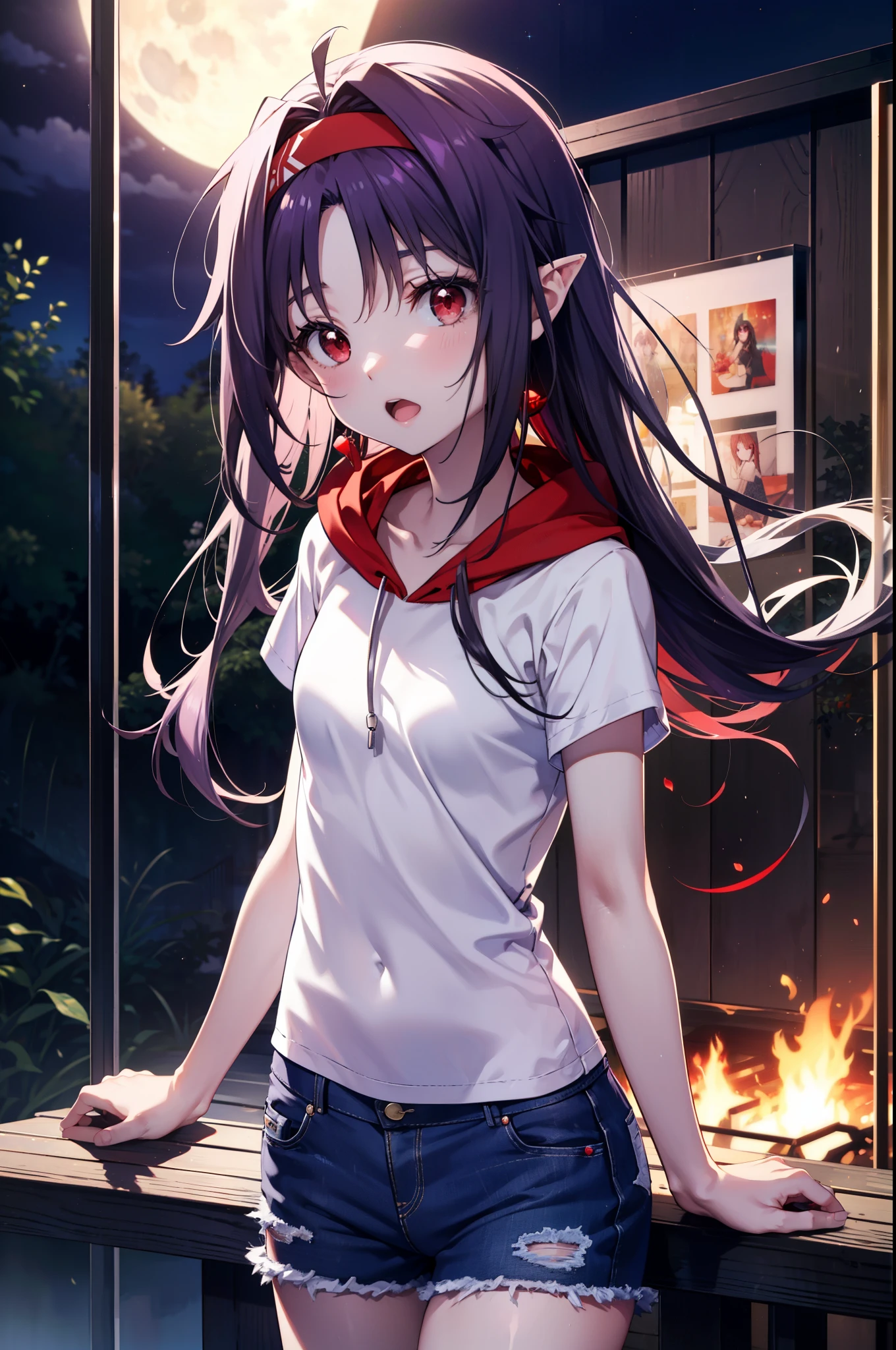 yuukikonno, Konno Yuuki, Long Hair, Pointed Ears, Purple Hair, (Red eyes:1.5), (Small breasts:1.2), Open your mouth,Purple hoodie,Short sleeve,Baseball hats,Food up,Red tank top shirt,Short denim,Red knee-high socks,High-top sneakers,night,moonlight,
break looking at viewer, Upper Body, whole body,(Cowboy Shot:1. 5),
break outdoors, forest, nature,
break (masterpiece:1.2), highest quality, High resolution, unity 8k wallpaper, (figure:0.8), (Beautiful fine details:1.6), Highly detailed face, Perfect lighting, Highly detailed CG, (Perfect hands, Perfect Anatomy),