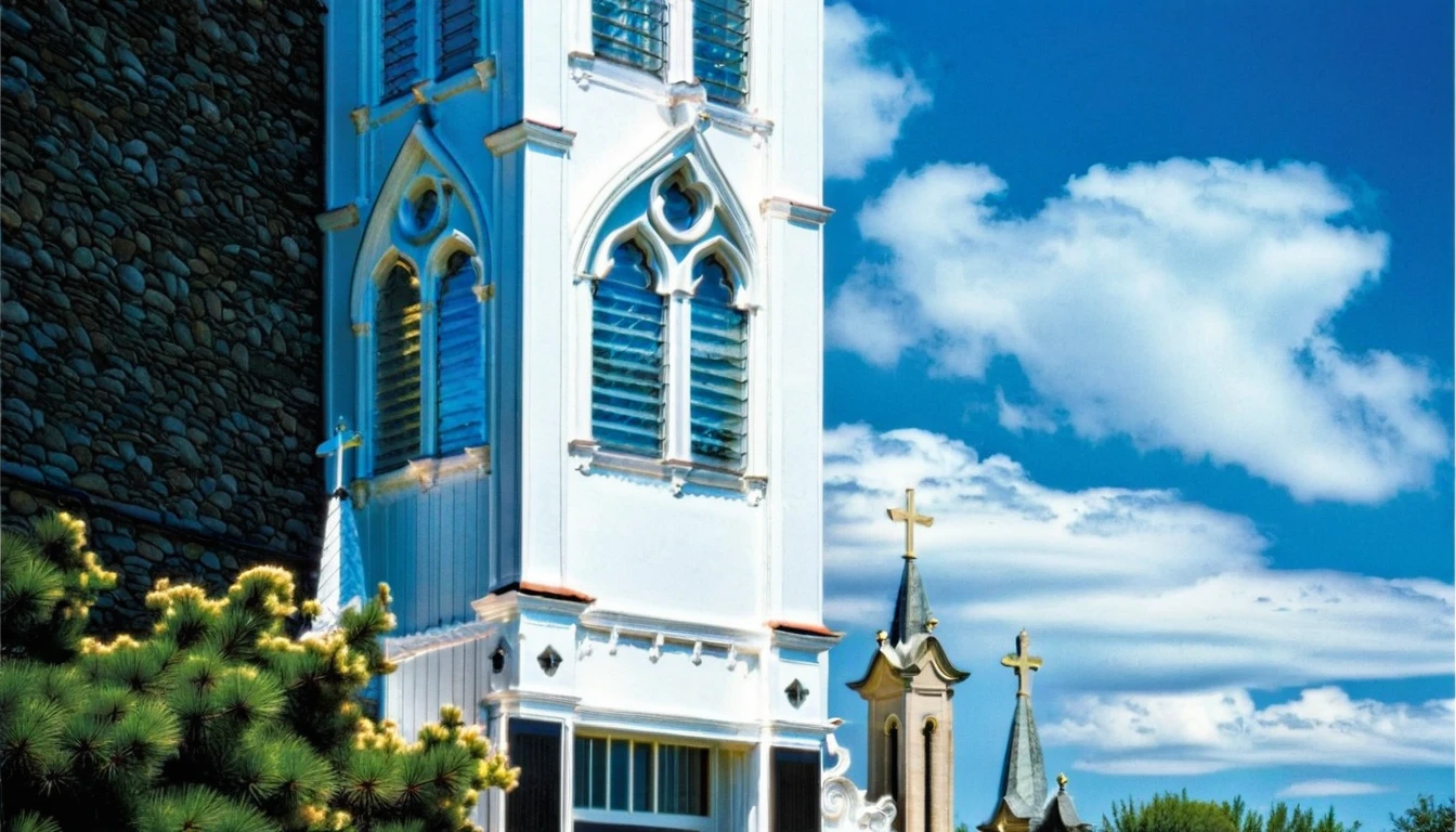 ((( exterior church :1.3 ))), contemporary style, white wall, STONE wall, GREY STEEL AND GLASS door window, (realistic:1.1), Masterpiece, high quality, best quality, authentic, super detail, outdoors,road,pavement, grass, trees, sky, cloud, (daylight:1.3), BLUE ROOF
