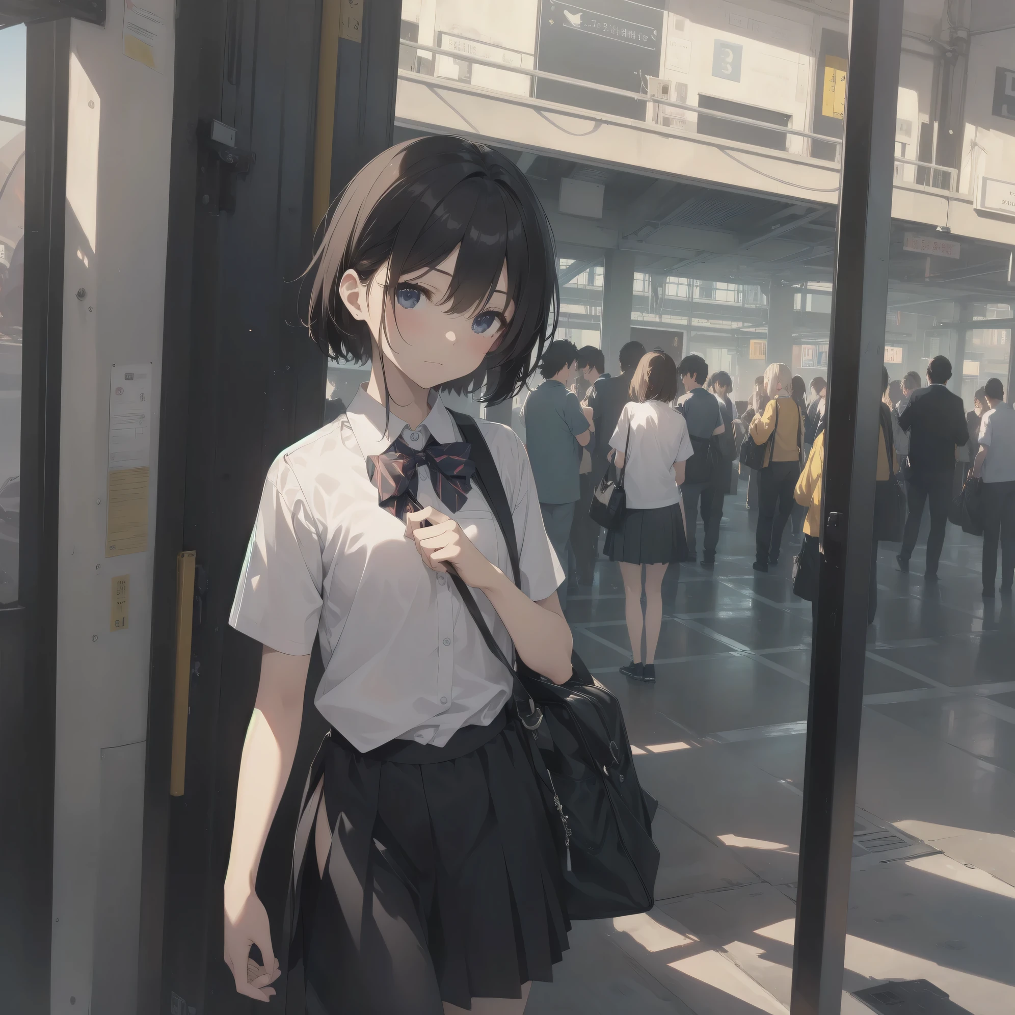 ultra-absurdres-Top quality by artist God, ultra-detailed, high resolution, anime moe artstyle, best anime 8k konachan wallpaper, pixiv contest winner, pool:2810, perfect anatomy,break, 1girl, (Please draw a girl walking sleepily to school alone. )break,(Solo,little female, 13-year-old:1.3),Full limbs, complete fingers,a junior high school student, (very short hair), short cut, flat chest, , small butt, small black eyes, beautiful detailed eyes, well-proportioned iris and pupils, expressive eyes, highres detailed hair, soft expression, school_uniform, bowtie, collared shirt. pleated skirt,(Detailed Lighting), (Detailed background), in the School commute route. break,super detailed skin, Best cinematic lighting powered by famous artist, 8k,beauty illustration,photoshop_(medium),very aesthetic,break,((artist:rhasta )), artist:bolze ,artist:oyari ashito ,artist:kantoku ,