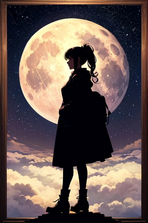 highest quality,Big moon and shadow,A silhouette of a person can be seen against the backdrop of a large moon.,There is one full moon,There is a mood,Beautiful scenery,Starry Sky