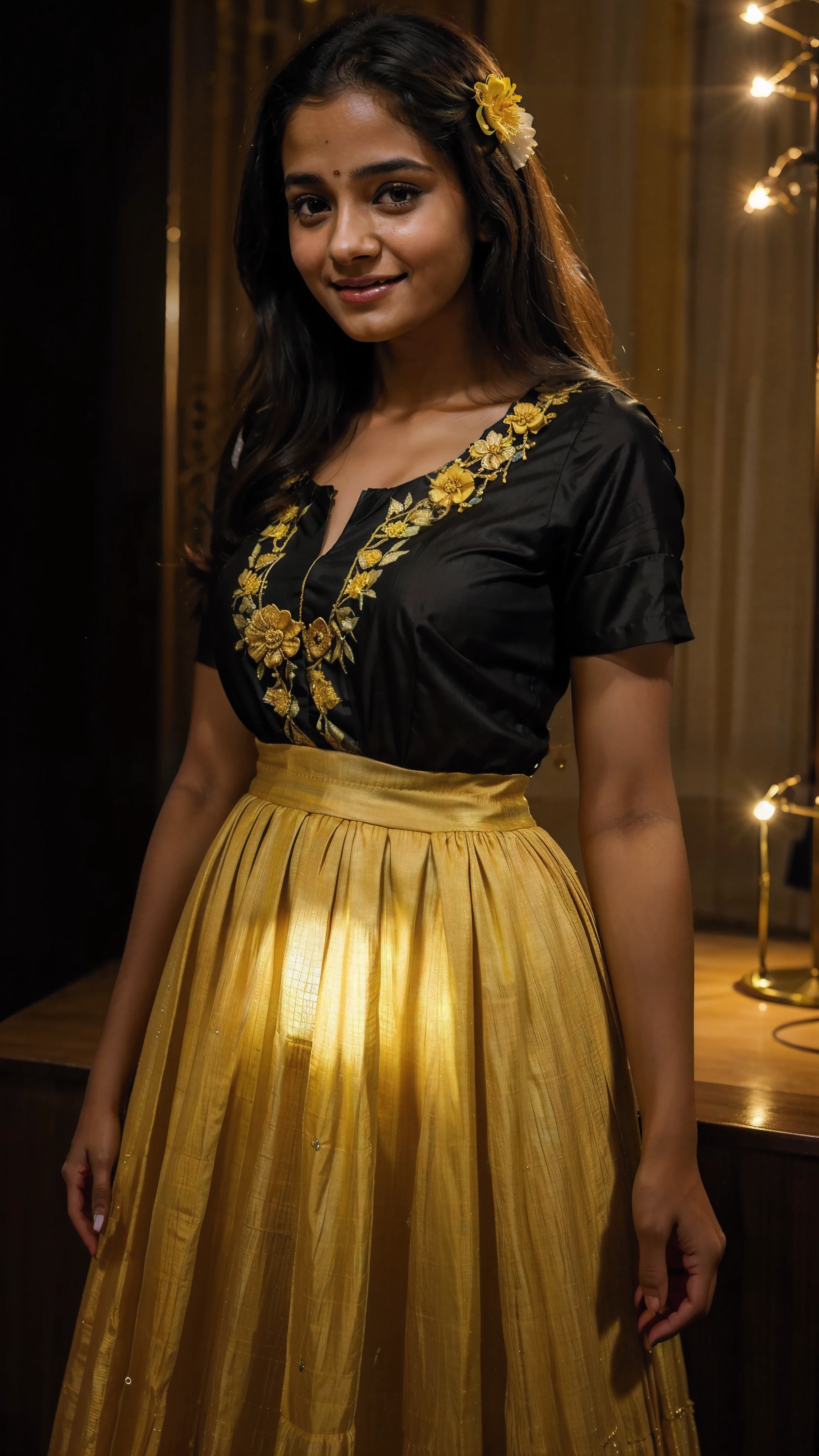 kerala girl, looks like Hermoine Granger, smiling, standing under a fancy  yellow light bulb, smiling, wearing a black blouse and frock with flower designs, modest dress, realistic skin texture, realistic mobile photography, luxury, realistic body, realistic dress,