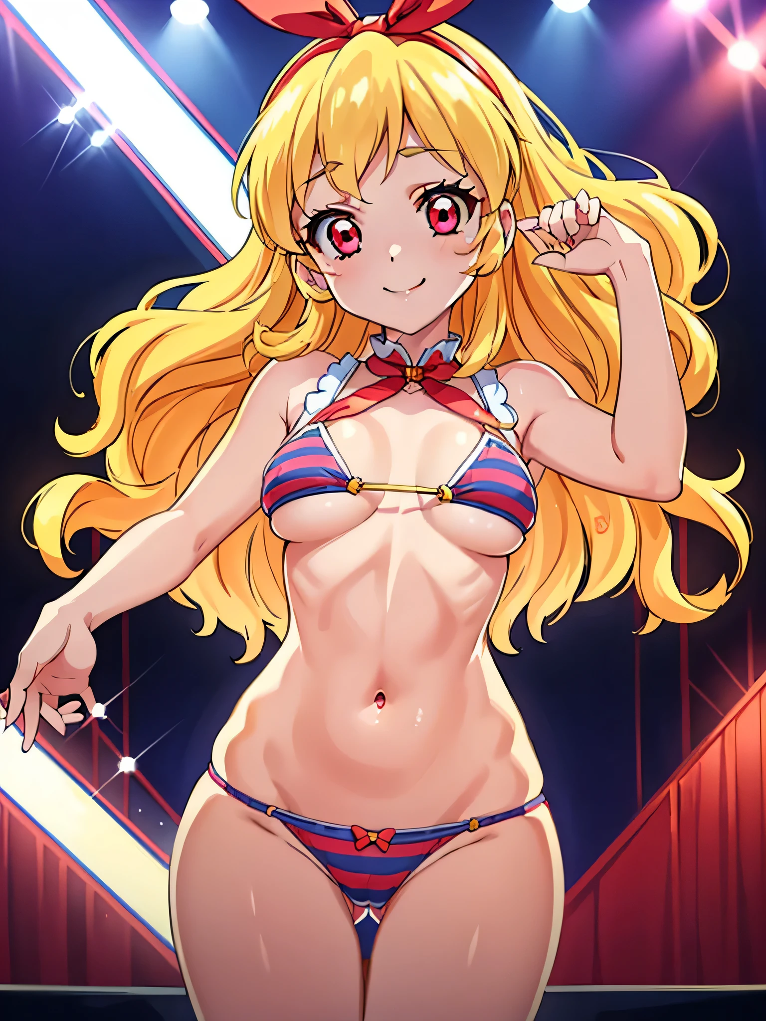 (RED Ribbon on HAIRband:1.2),(Aikatsu idol, Blonde Hair:1.2, elegant and detailed, captivating face, expressive
red eyes, full of charisma and energy, Reverse Cowgirl Position:1.4, Blue Stripe Panties:1.2, taut and curvaceous body, big ass and beautiful ass accentuated, pointy panties revealing the appealing underboob, intricately detailed thighs, shimmering skin, high resolution and best quality, impressive details and sensual allure.)

Amidst the silken glow of the stage lights, an Aikatsu idol with golden blonde hair smiled at the audience, her detailed, expressive blue