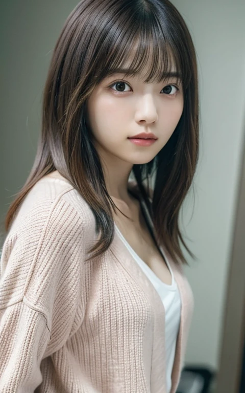 masterpiece, highest quality, 8k, 20th Generation, Large Breasts, cute, alone, sad, cute, Girlish, Delicate girl, Pure beauty, RAW Photos, Professional photography, Portraiture, Soft Light, Professional Lighting, Backlight, Upper Body, avert your eyes, Sophisticated, Film Grain, (Eyes and facial details:1.0), Short floating hair, Beautiful, flowing hair, bangs, T-shirts and cardigans、(Large Breasts:1.0)、You can see a little cleavage