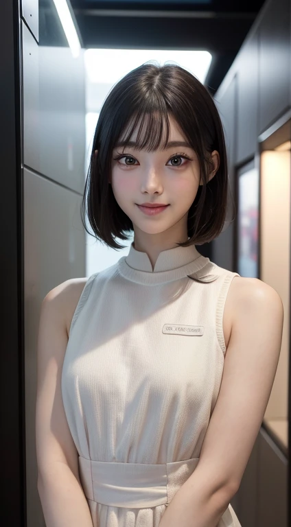 masterpiece, 1 beautiful girl, detailed, Swollen eyes, highest quality, 超High resolution, (reality: 1.4), Original photo, One girl, Cinema Lighting, smile, Japanese, Asian Beauty, Korean, clean, so beautiful, Small young face, Beautiful Skin, thin, Cyberpunk Background, (Ultra-realistic), (High resolution), (8k), (非常にdetailed), (Best illustrations), (Beautiful and detailed eyes), (非常にdetailed), (wallpaper), (detailedな顔), Viewers are watching, The finer details, detailedな顔, Pure Face Ace_v1, smile, 46 point diagonal bangs, Look straight ahead, Dress neatly, Dark Eyes, Sleeveless clothing, Body facing forward,