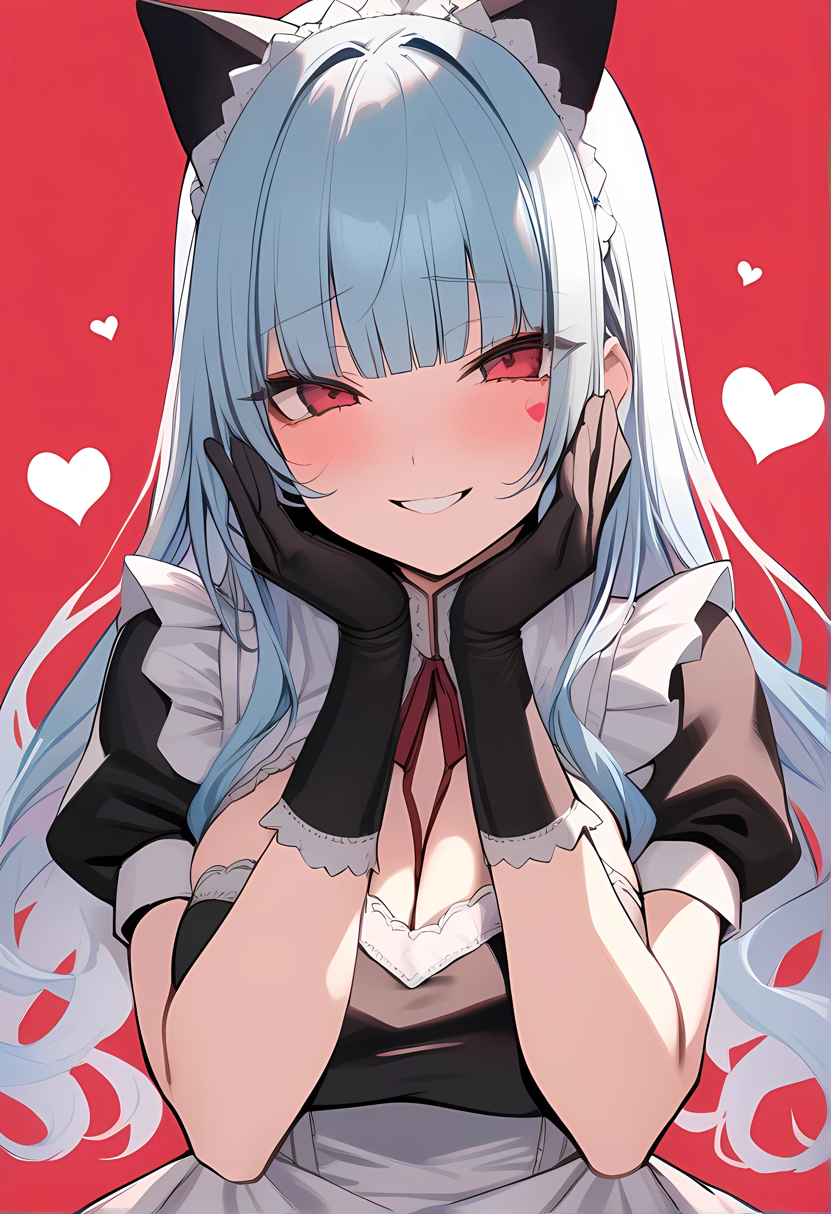 masterpiece, best quality, 1girl, gloves, solo, red background, black gloves, long hair, elbow gloves, bangs, puffy sleeves, light blue hair, short sleeves, looking at viewer, hands on own face, upper body, blunt bangs, puffy short sleeves,, heart, black maid dress, dress, hands on own cheeks, red eyes, facial mark, simple background,  string, halftone,long curly hair, cat ears,yandere face, smiling,big breast.