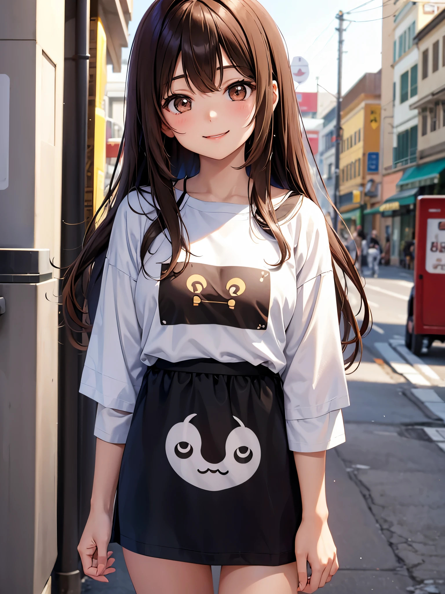 Brown hair. Anime girl. Asian girl. Ulzzang. Brown eyes. Smiling. T-shirt.