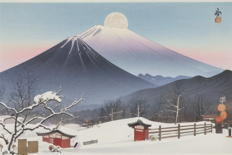 Ohara Koson, Mount Fuji, snow mountain, clear sky, Moon, Traditional media, ukiyo-e