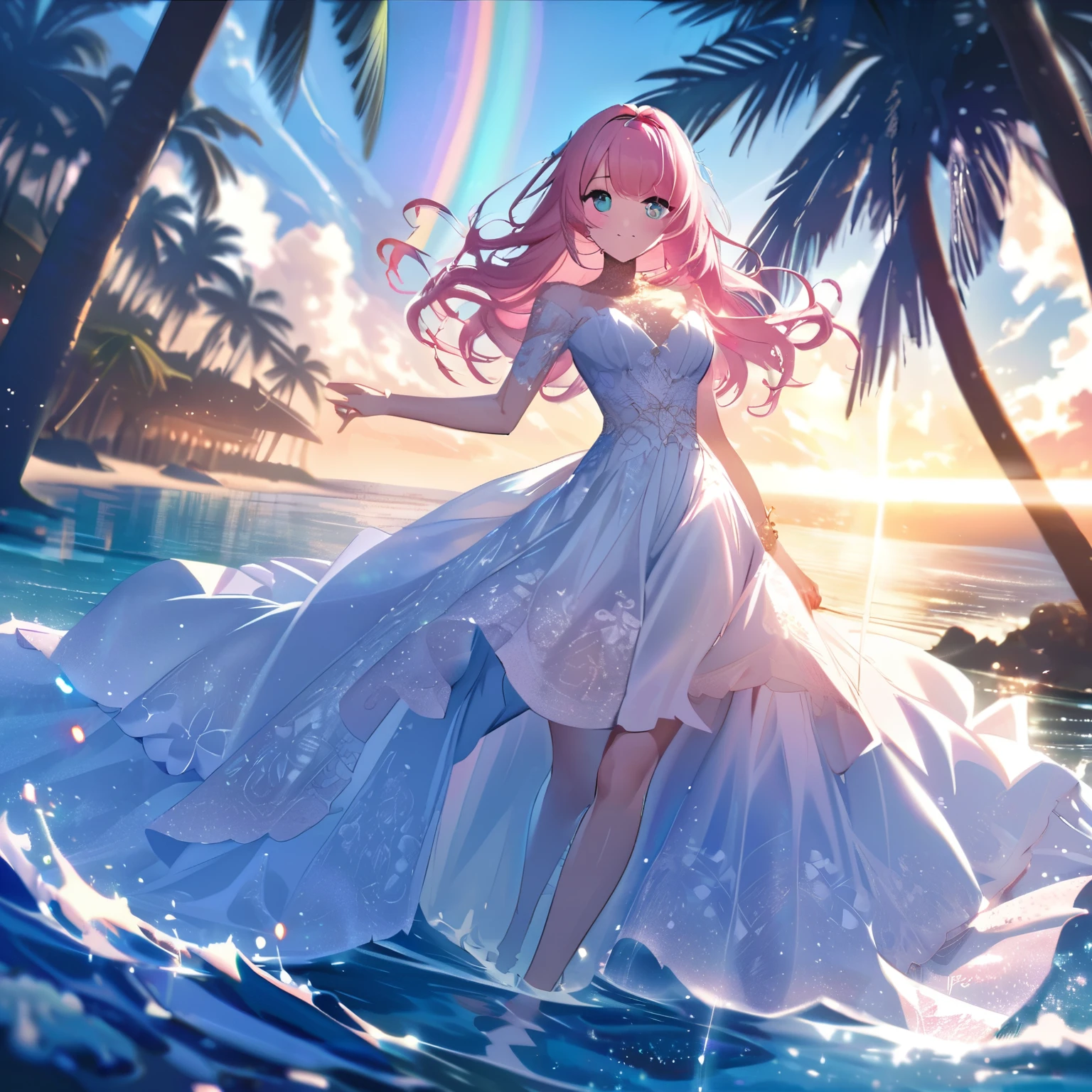 ``A beautiful woman with long pink hair and beautiful eyes wearing an elegant and detailed hawaiian dress.The dress must have intricate designs and patterns to give it a luxurious and luxurious feel.In the background , a romantic morning beach in Hawaii with the morning sun reflecting on the water surface and the sun hitting the palm trees.The entire image emphasizes the glittering effect and rainbows to enhance the magical atmosphere, and adds special frills to the dress. It makes you stand out.”