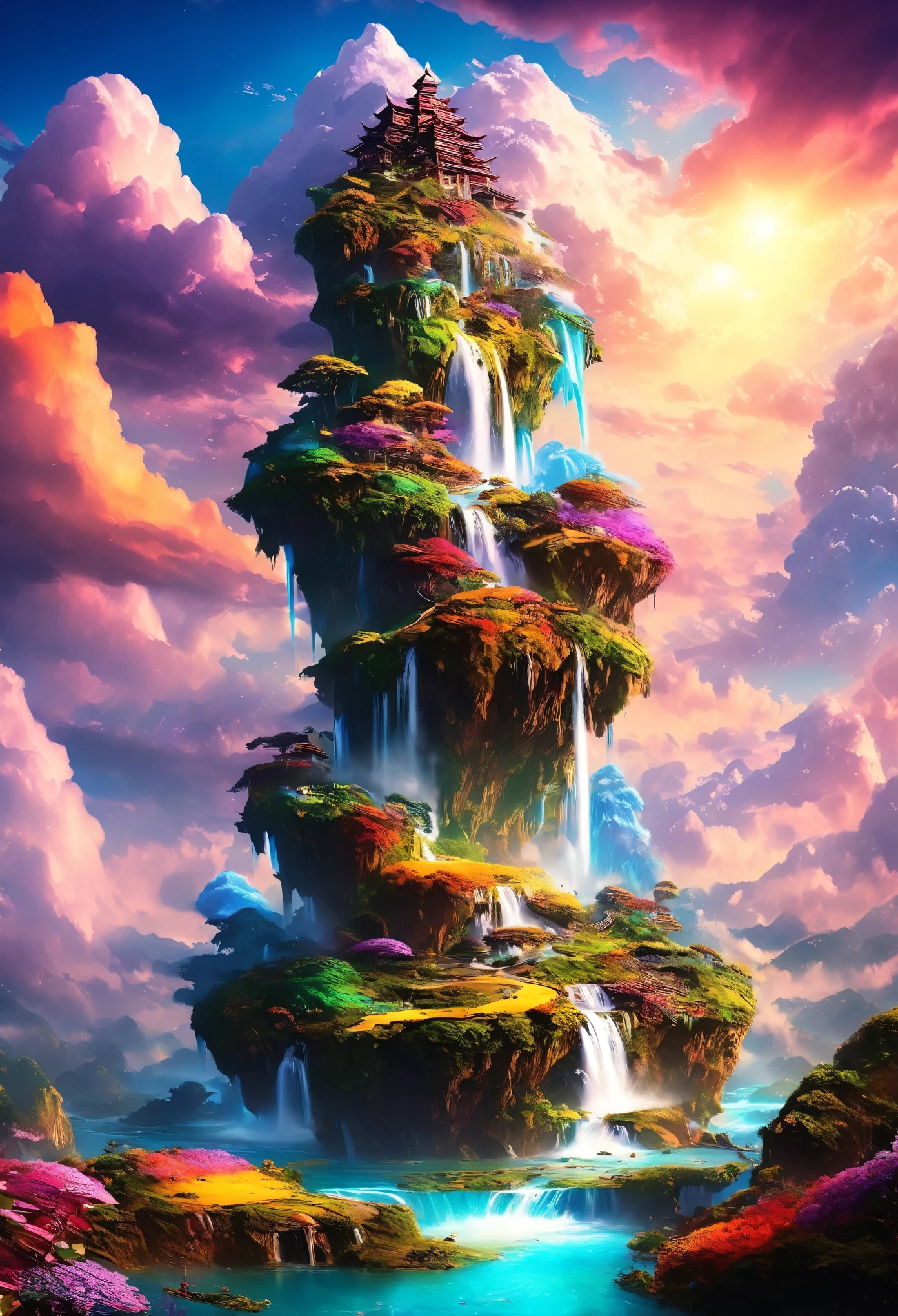 artwork, highest quality, Better Quality, Flying Island, Waterfall cascading down from the island, Fantasy World, Magnificent panorama, Multicolored clouds, Flashy colors,